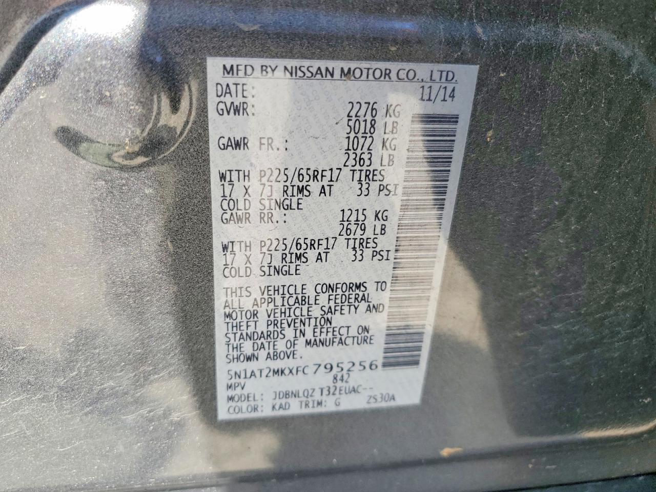2015 Nissan Rogue Sv Gray vin: 5N1AT2MKXFC795256