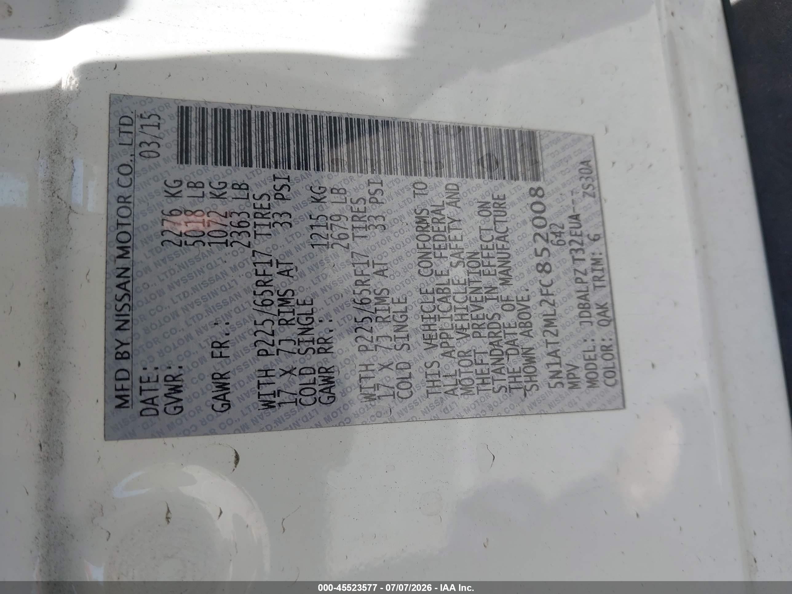 2015 Nissan Rogue S White vin: 5N1AT2ML2FC852008