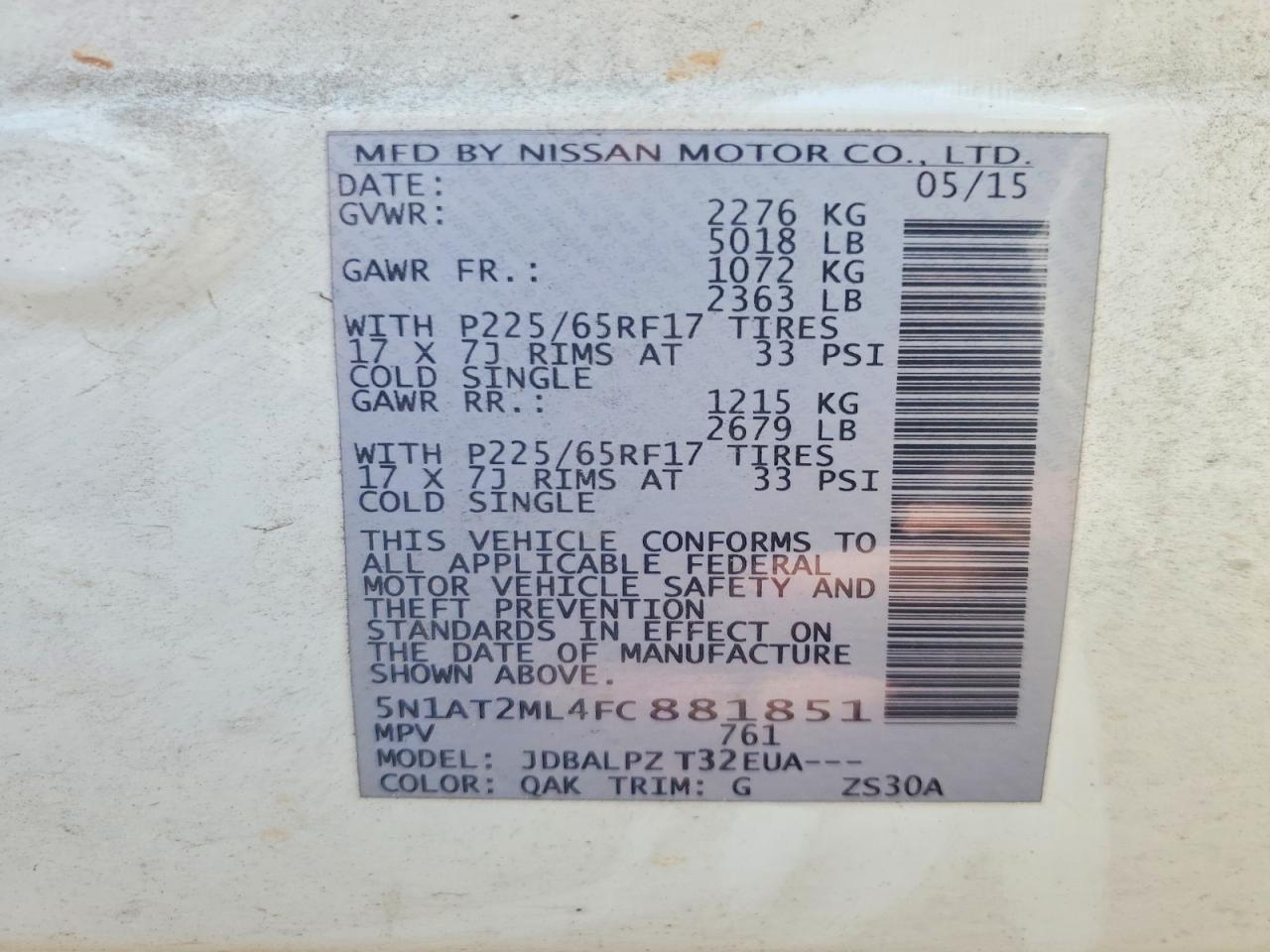 2015 Nissan Rogue S White vin: 5N1AT2ML4FC881851