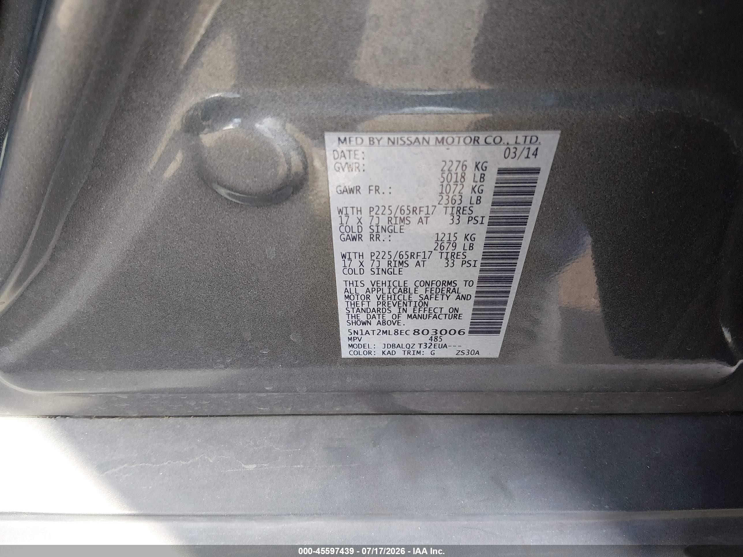 2014 Nissan Rogue Sv Gray vin: 5N1AT2ML8EC803006