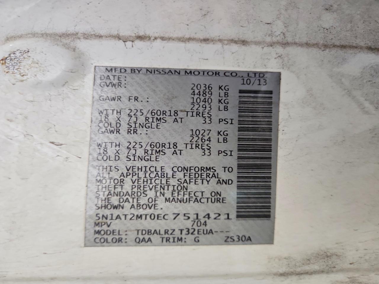 2014 Niss Rogue Sl White vin: 5N1AT2MT0EC751421