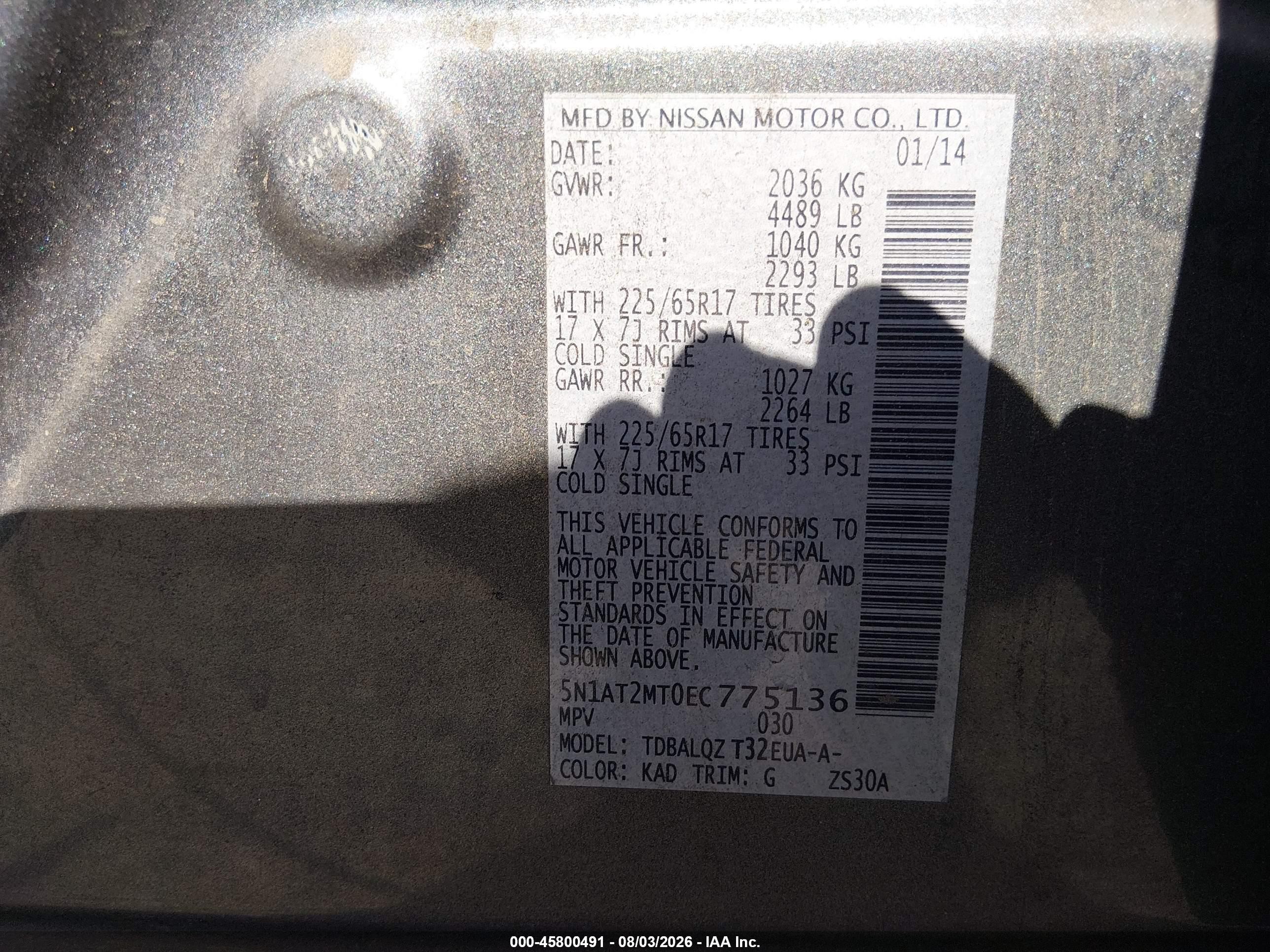 2014 Nissan Rogue Sv Gray vin: 5N1AT2MT0EC775136