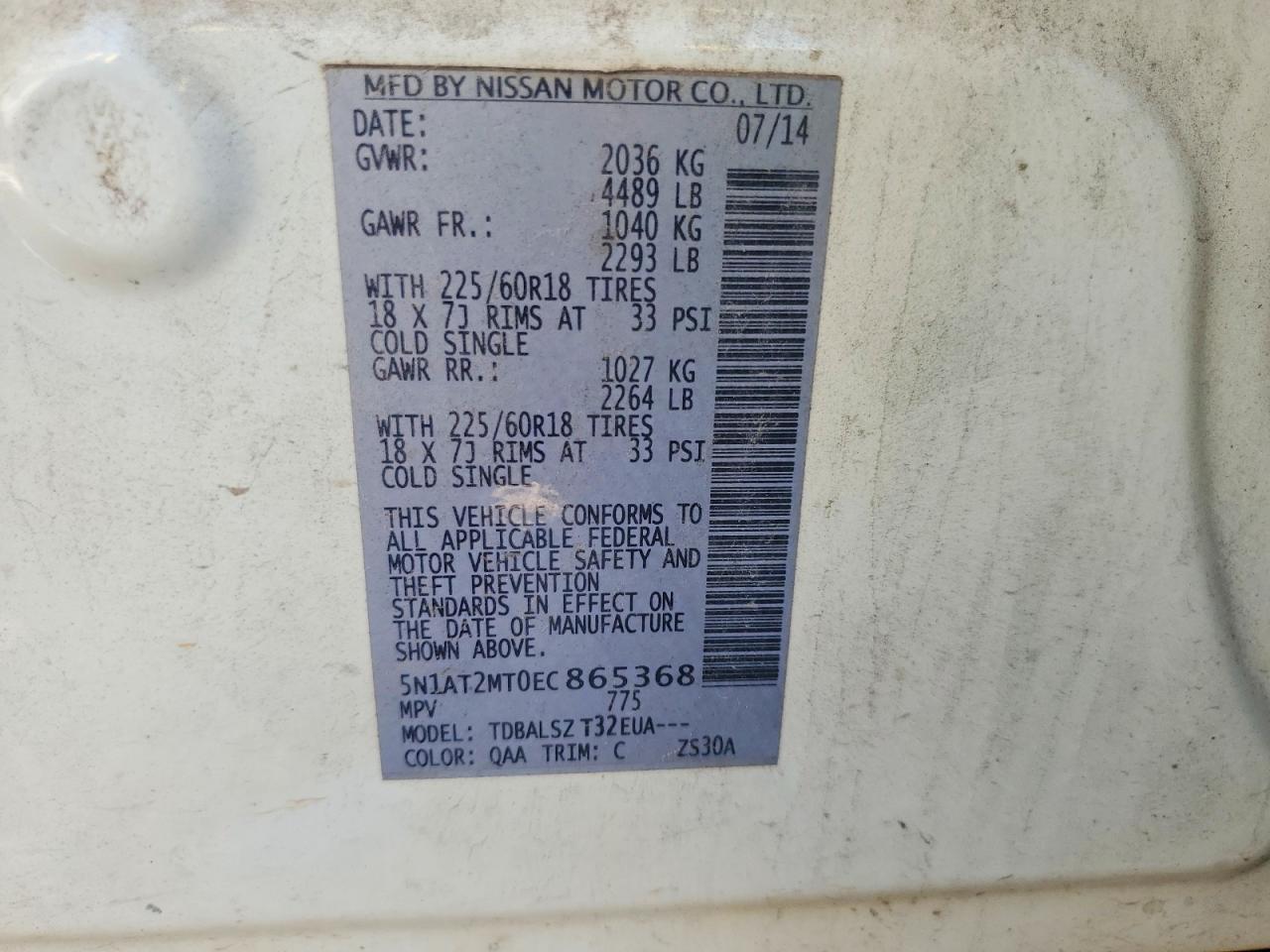 2014 Nissan Rogue Sl White vin: 5N1AT2MT0EC865368
