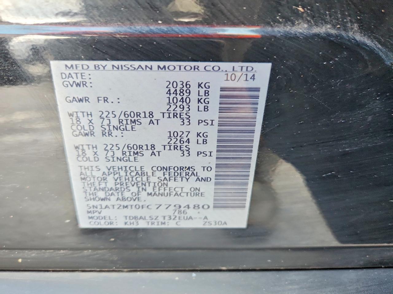 2015 Nissan Rogue Sl Black vin: 5N1AT2MT0FC779480