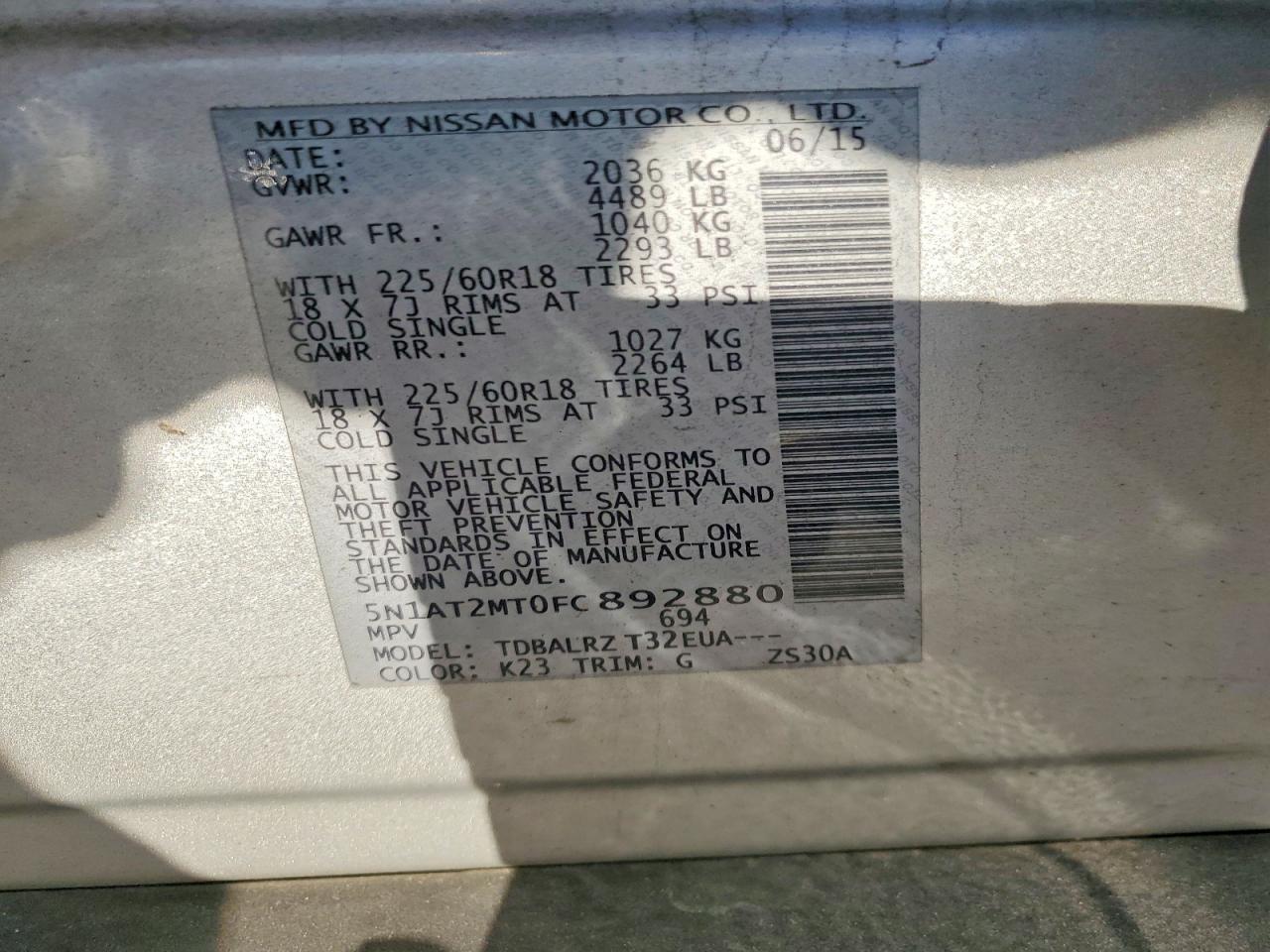 2015 Nissan Rogue Sl Silver vin: 5N1AT2MT0FC892880