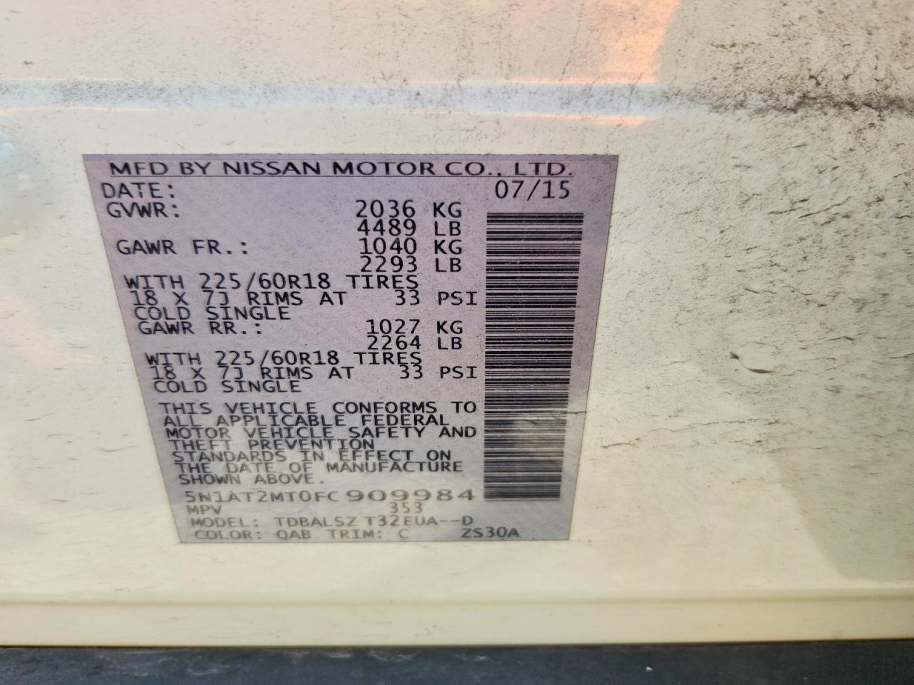 2015 Nissan Rogue Sl White vin: 5N1AT2MT0FC909984