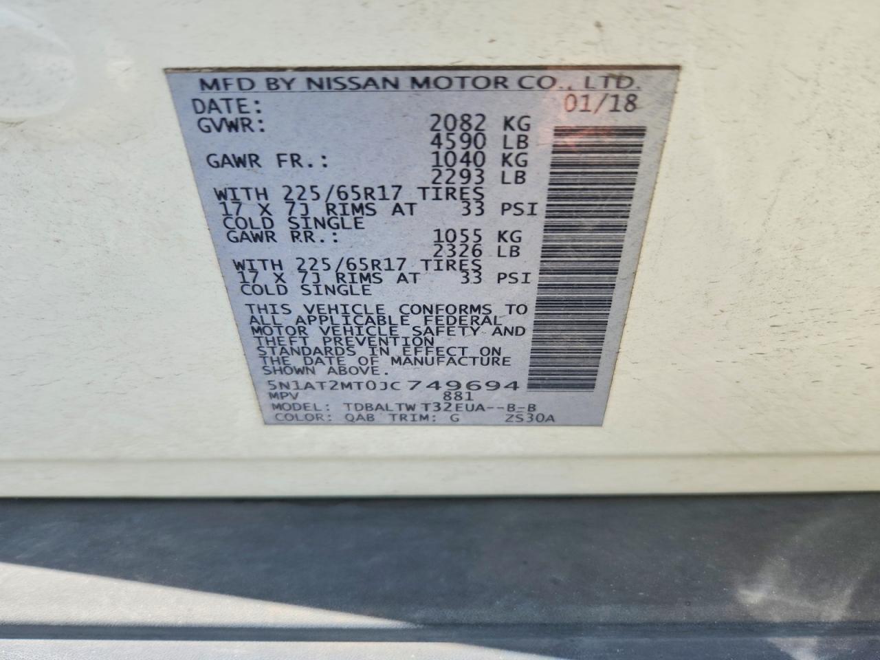 2018 Nissan Rogue Sv White vin: 5N1AT2MT0JC749694