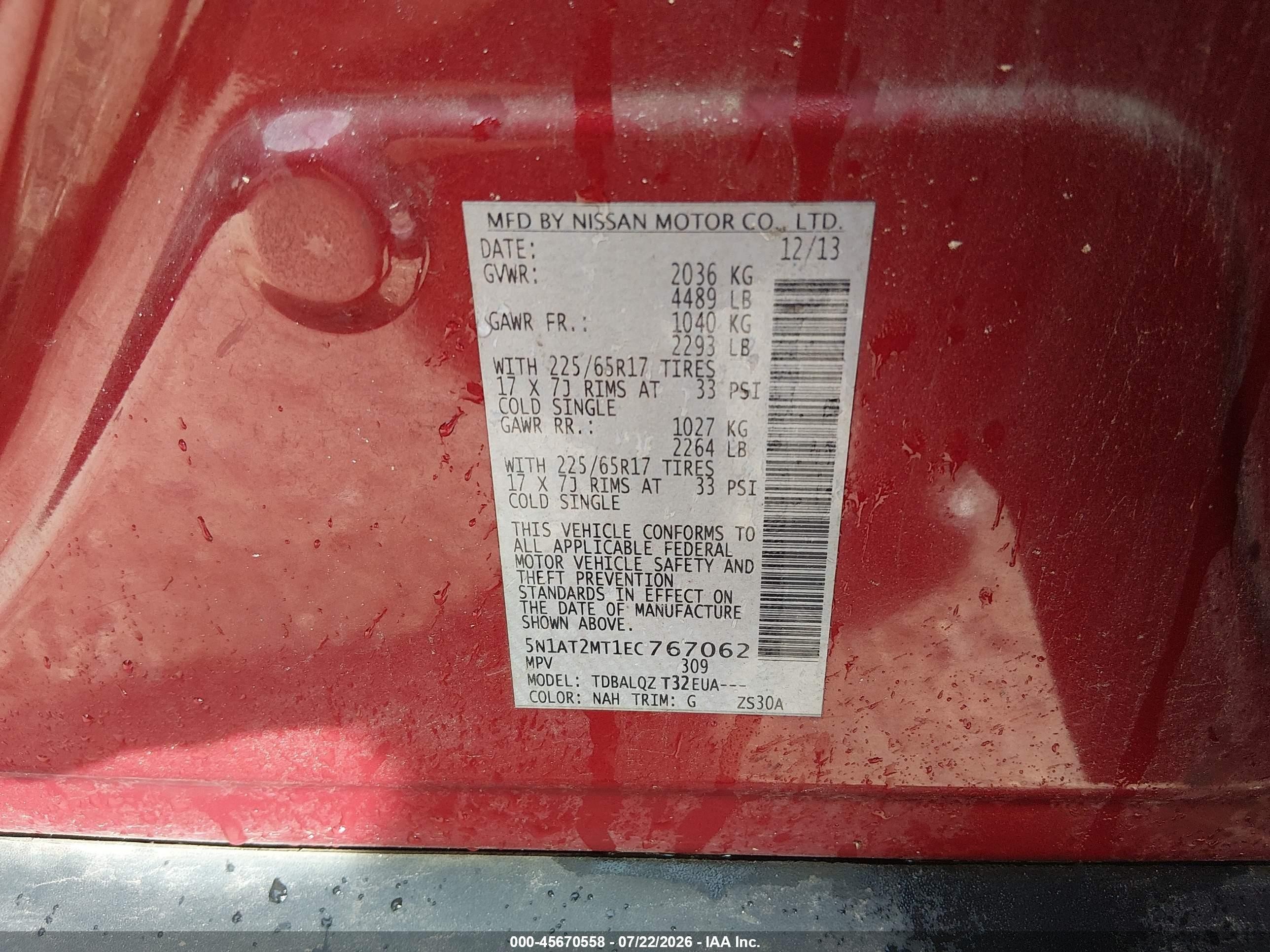 2014 Nissan Rogue Sv Burgundy vin: 5N1AT2MT1EC767062