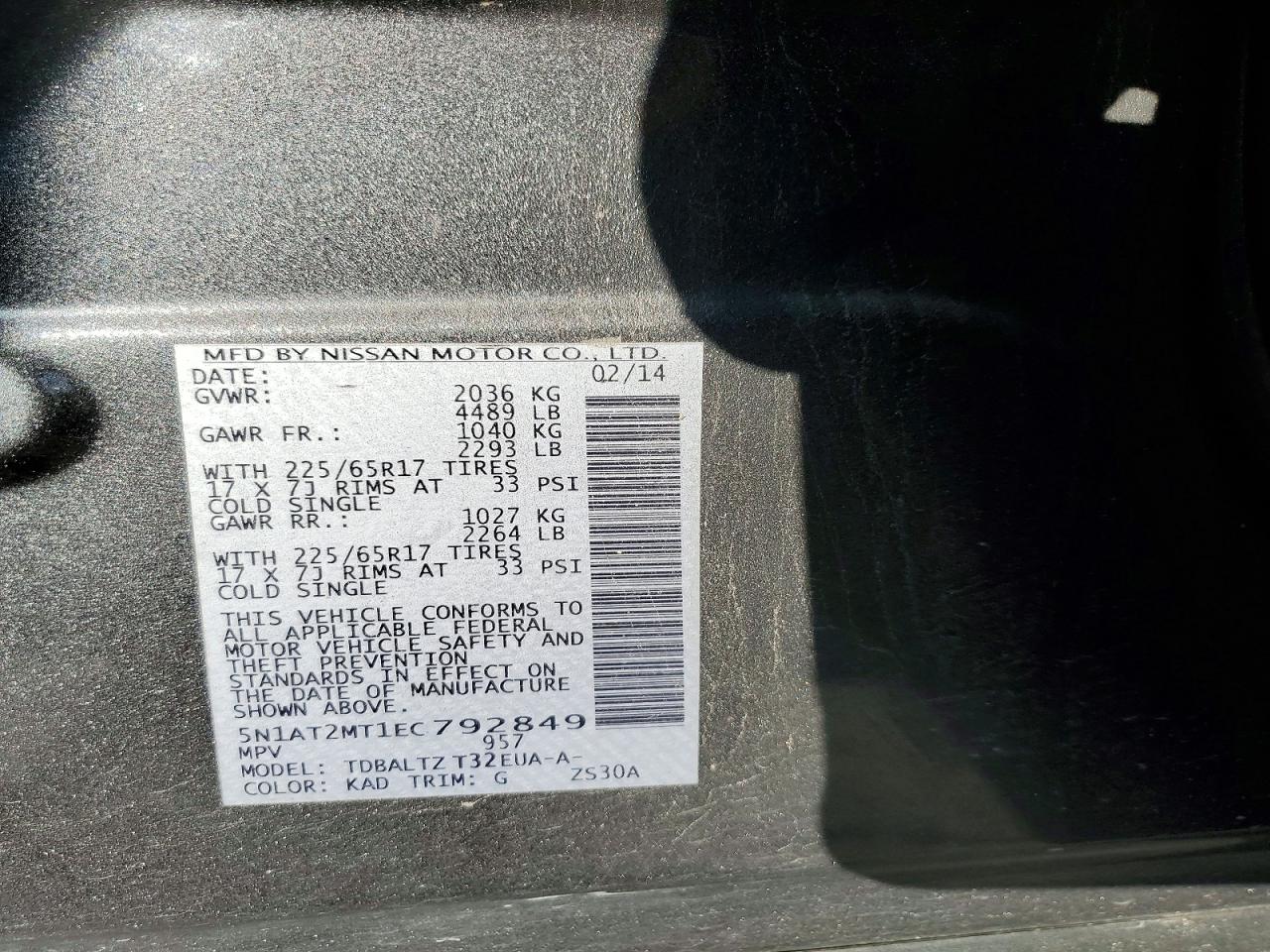 2014 Nissan Rogue Sv Charcoal vin: 5N1AT2MT1EC792849
