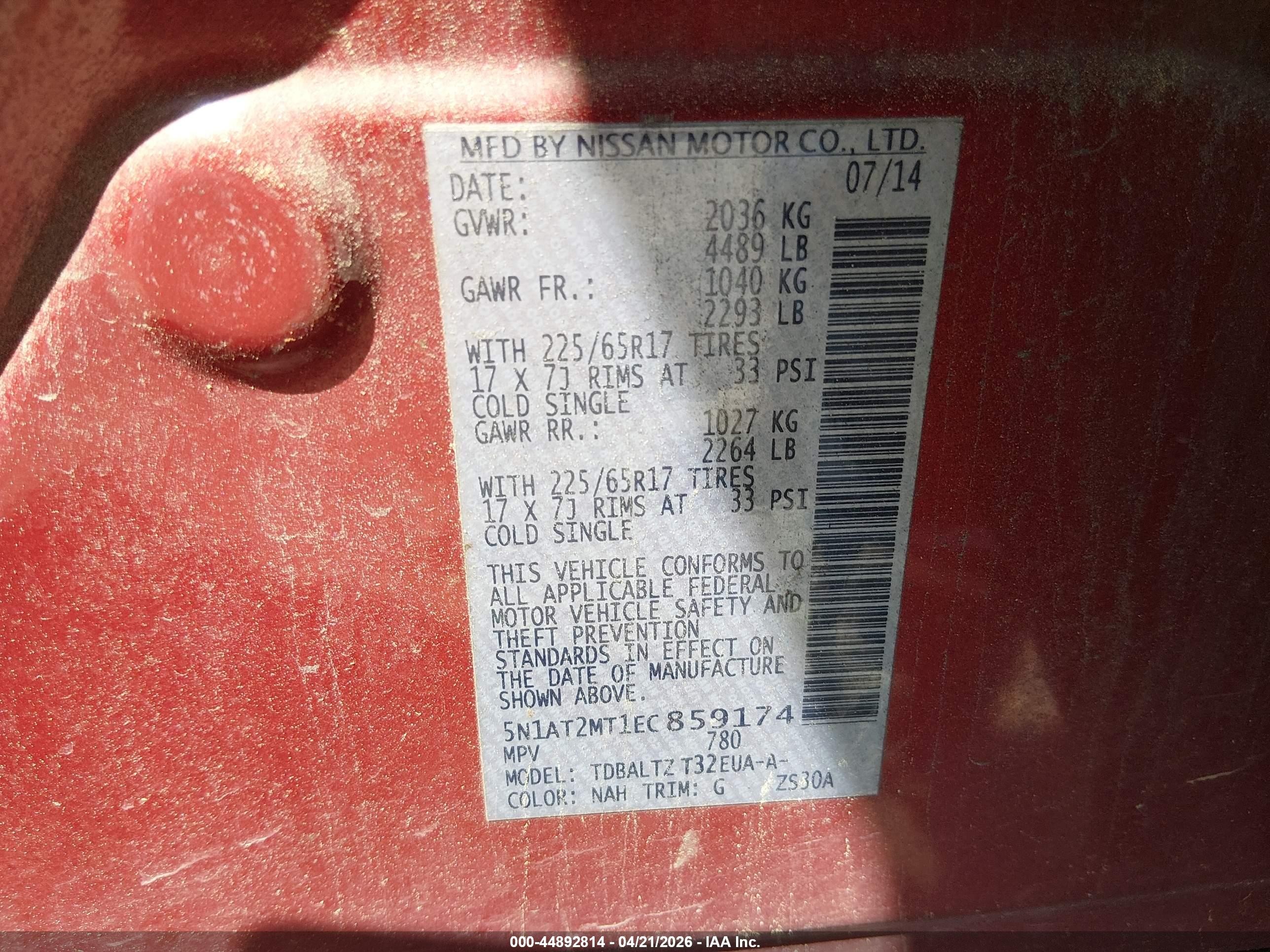2014 Nissan Rogue S/sl/sv Red vin: 5N1AT2MT1EC859174