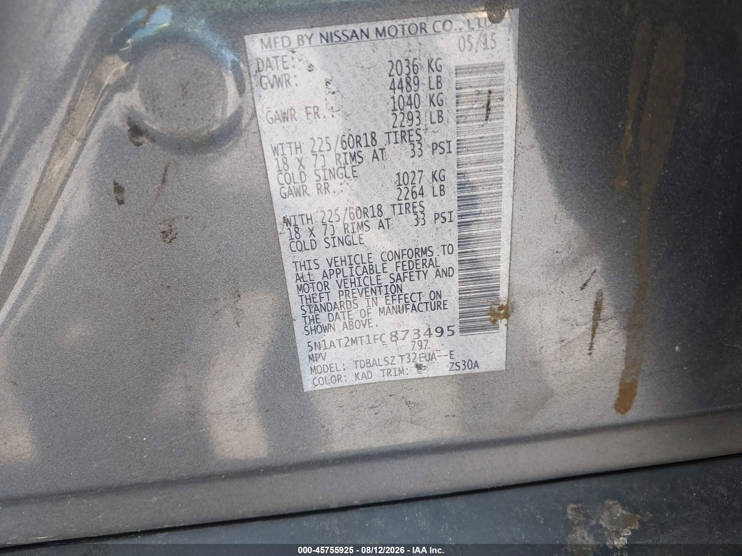 2015 Nissan Rogue Sl Gray vin: 5N1AT2MT1FC873495