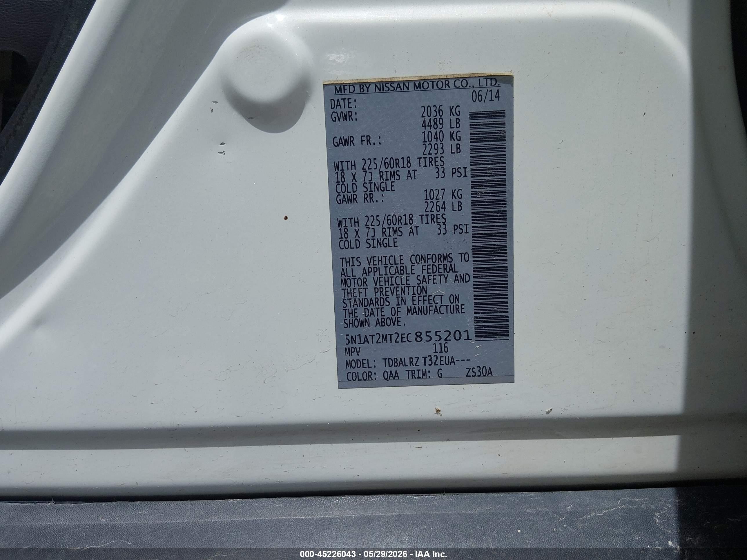 2014 Nissan Rogue Sl White vin: 5N1AT2MT2EC855201