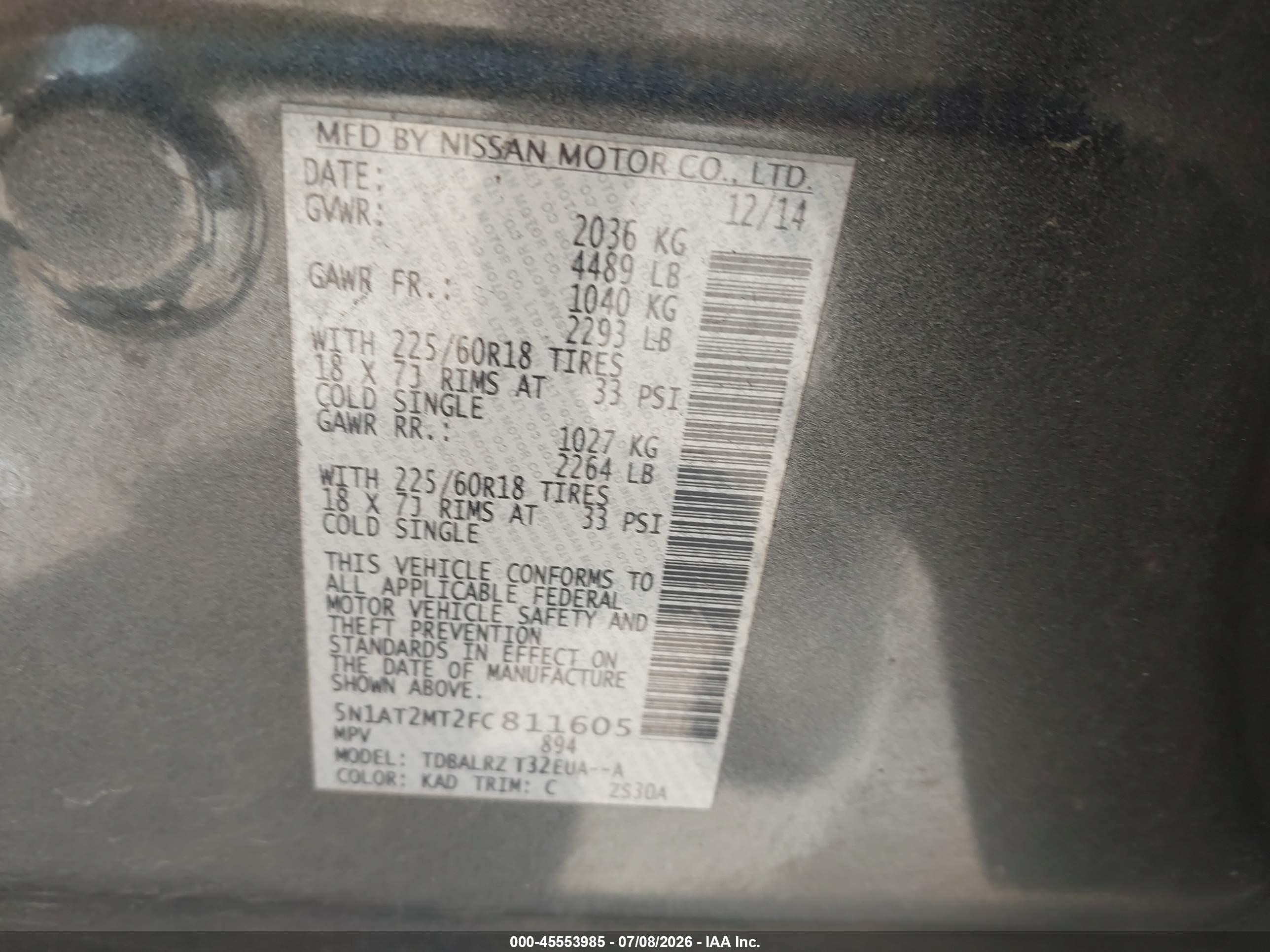 2015 Nissan Rogue Sl Gray vin: 5N1AT2MT2FC811605