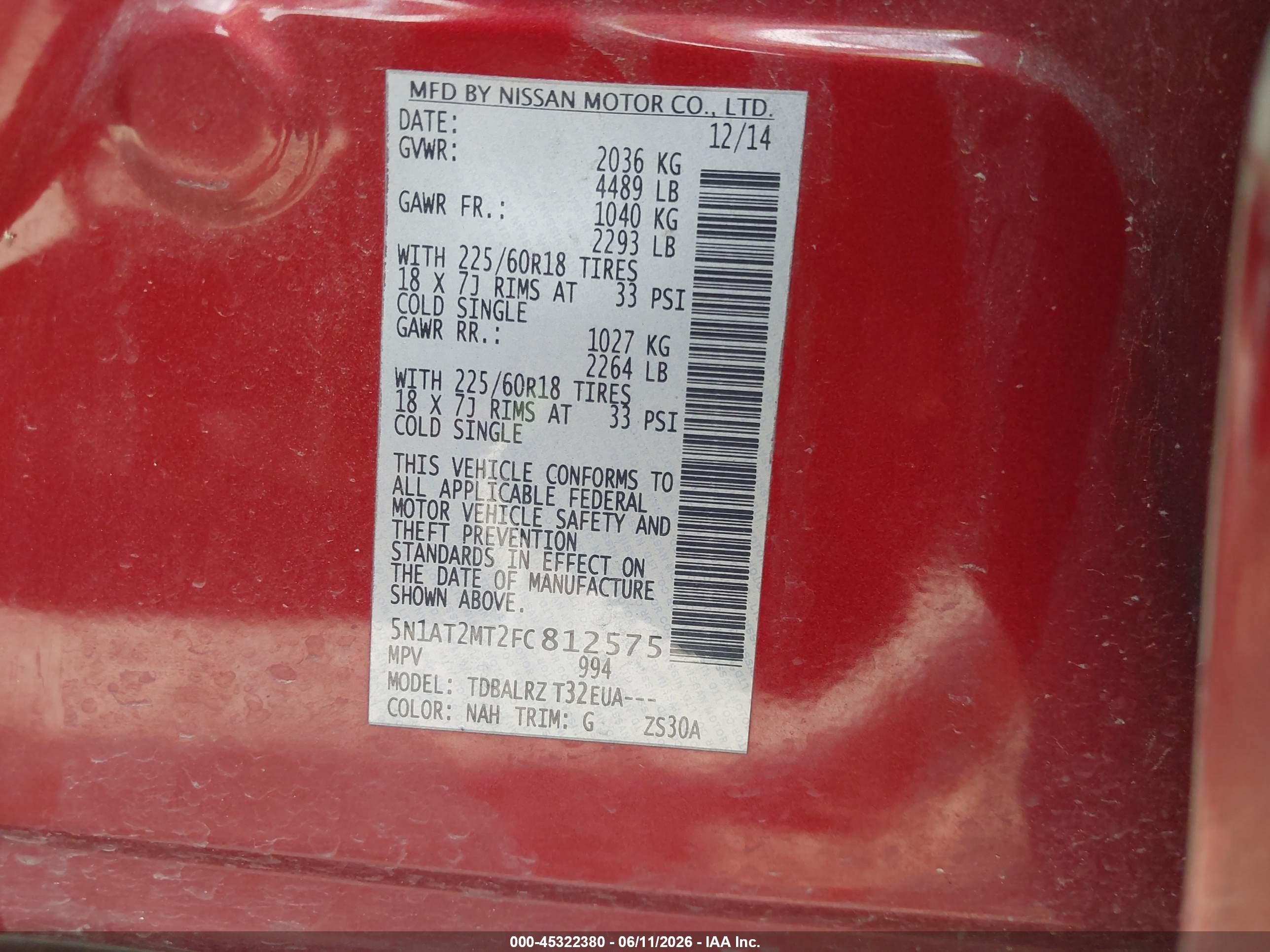2015 Nissan Rogue Sl Red vin: 5N1AT2MT2FC812575