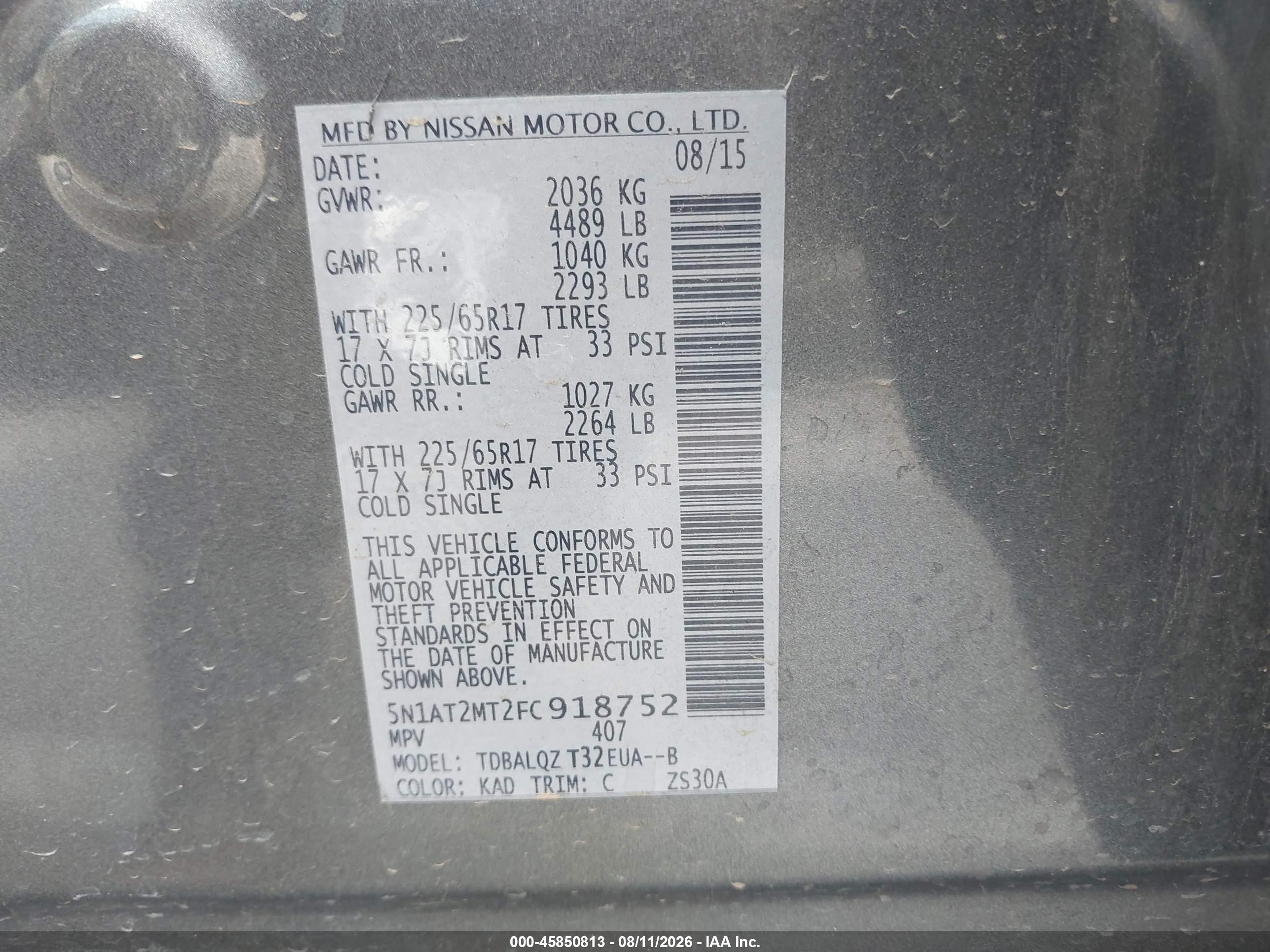 2015 Nissan Rogue Sv Gray vin: 5N1AT2MT2FC918752