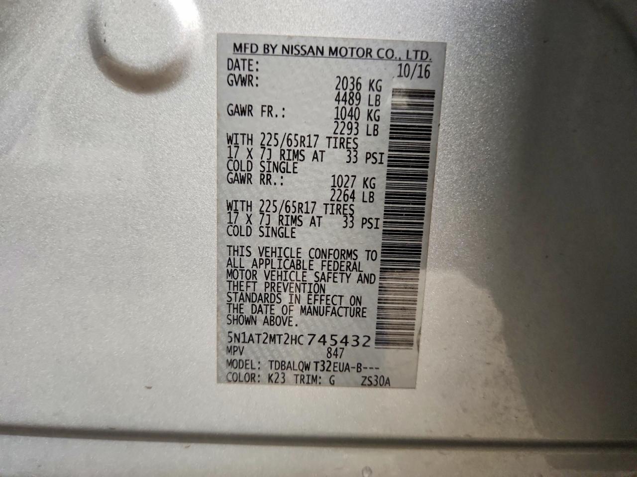 2017 Nissan Rogue Sv Silver vin: 5N1AT2MT2HC745432