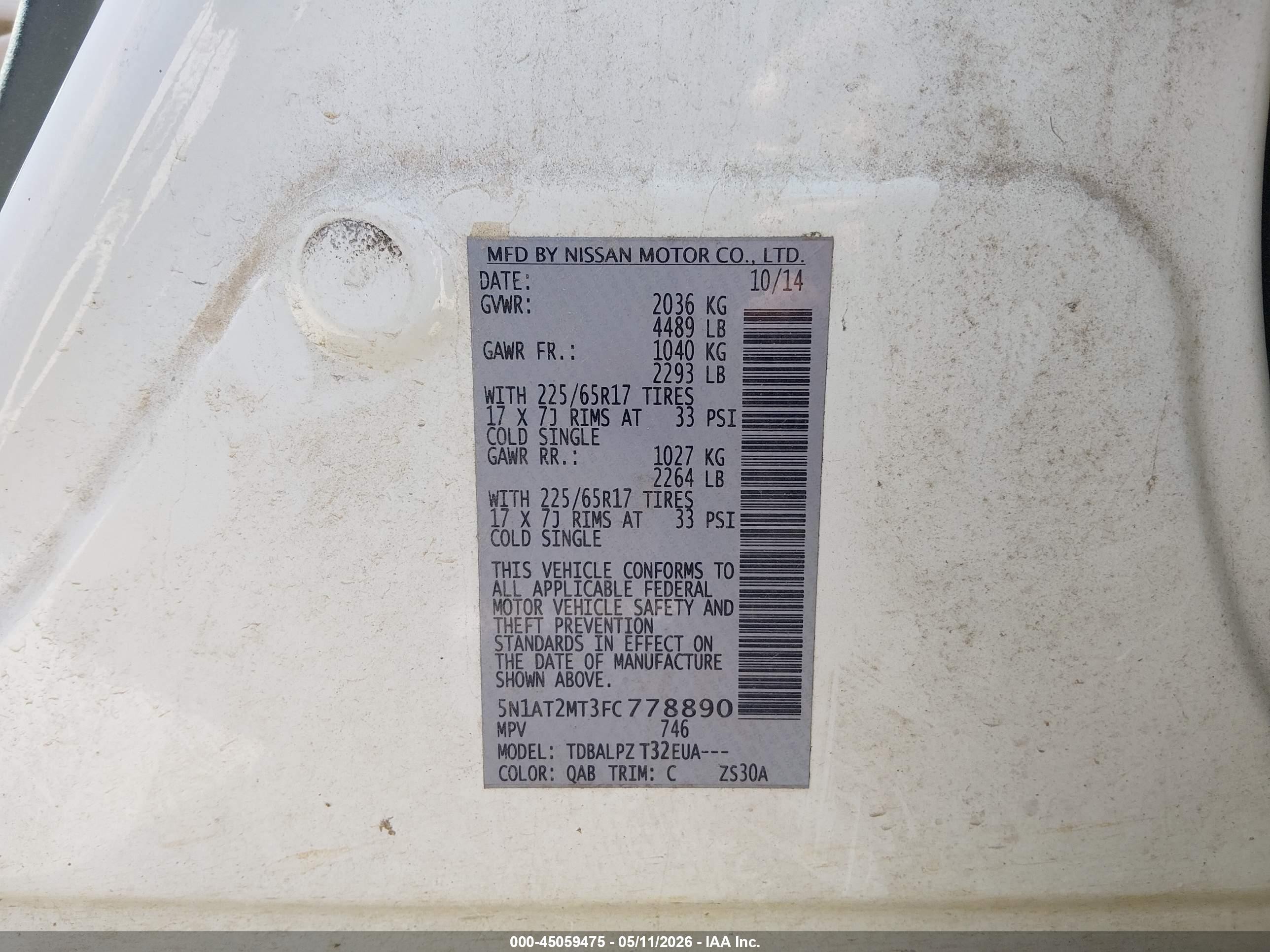 2015 Nissan Rogue S White vin: 5N1AT2MT3FC778890