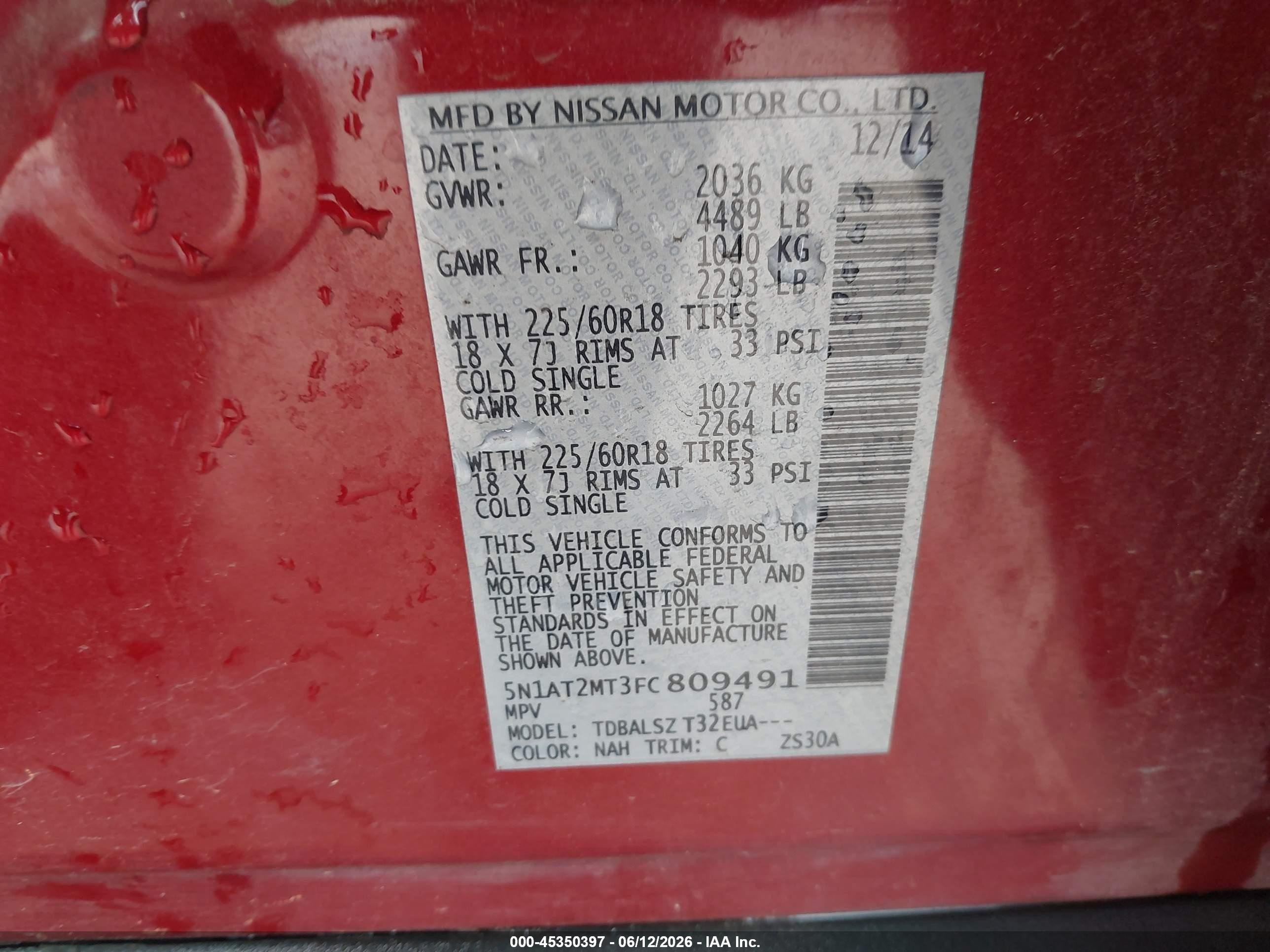 2015 Nissan Rogue Sl Red vin: 5N1AT2MT3FC809491