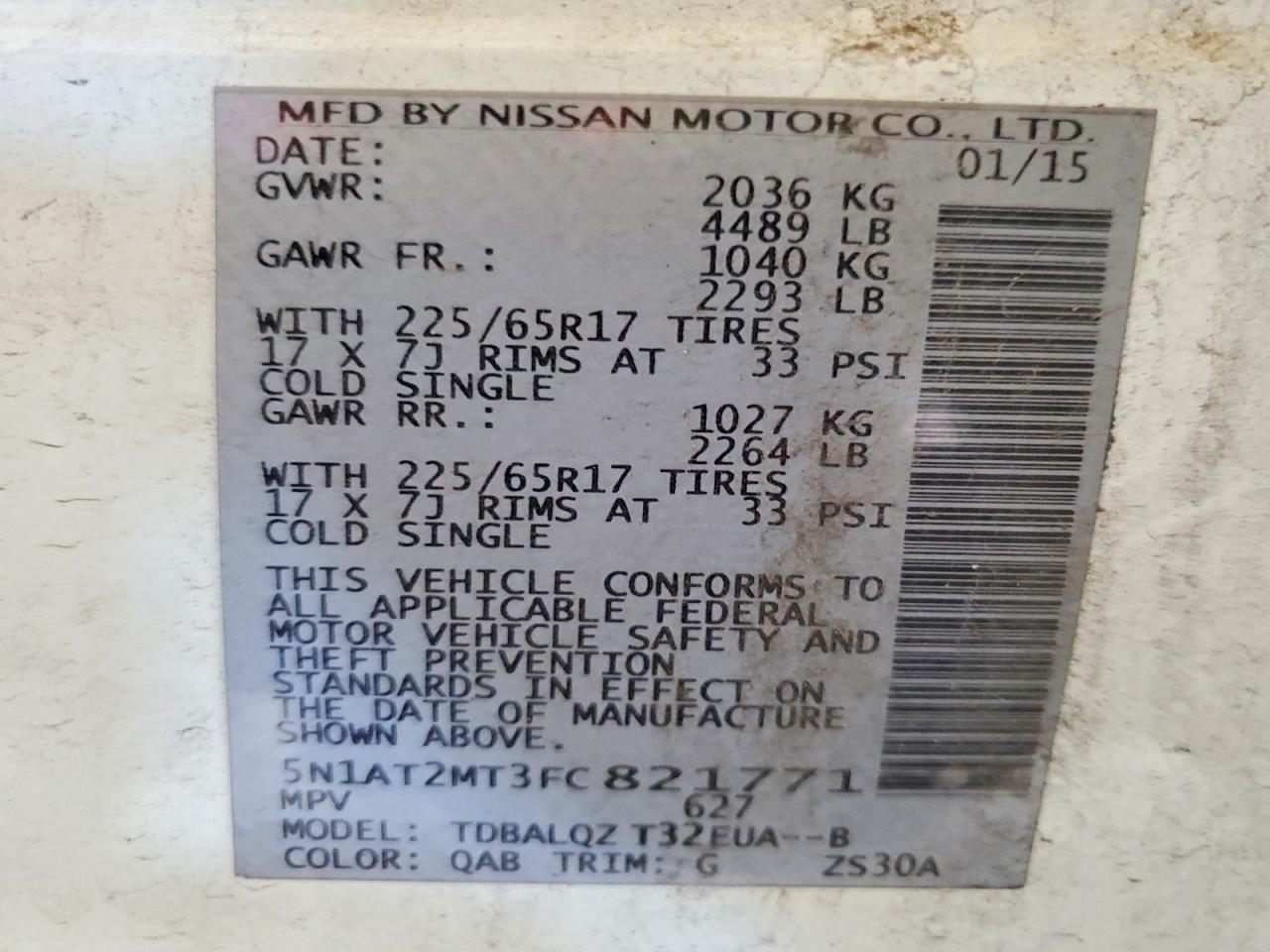 2015 Nissan Rogue Sv White vin: 5N1AT2MT3FC821771