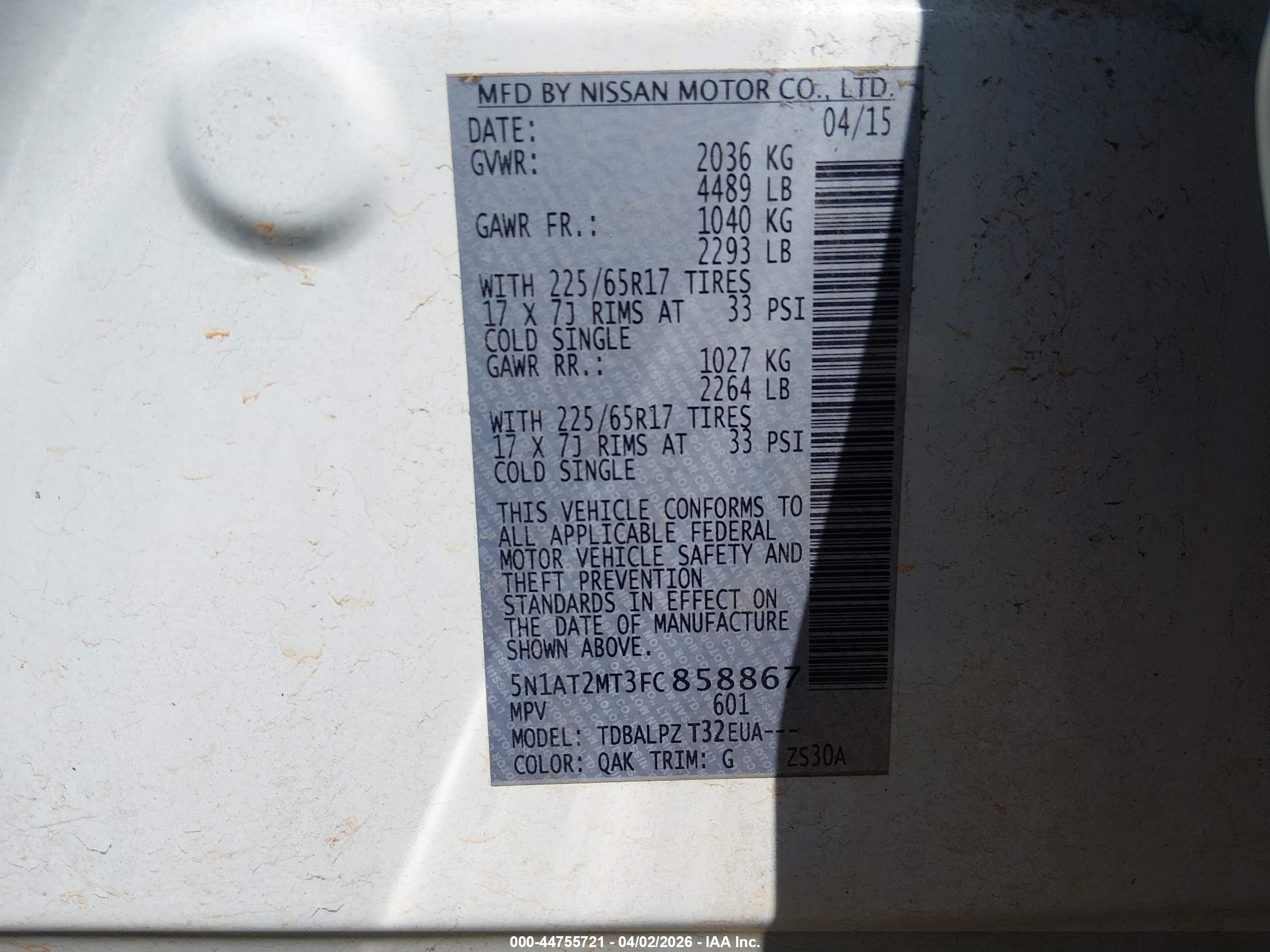2015 Nissan Rogue S White vin: 5N1AT2MT3FC858867