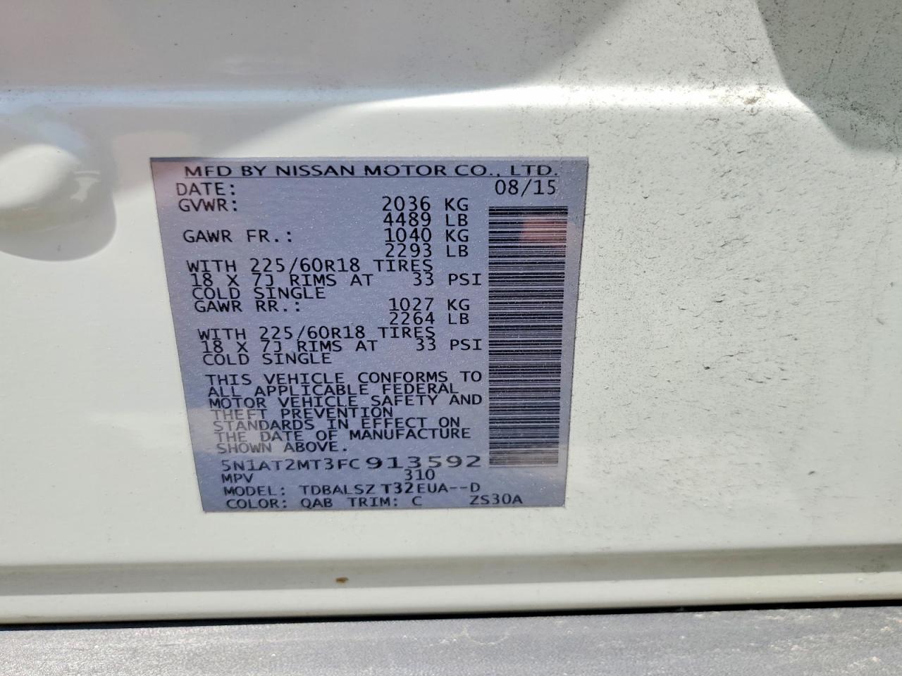 2015 Nissan Rogue Sl White vin: 5N1AT2MT3FC913592
