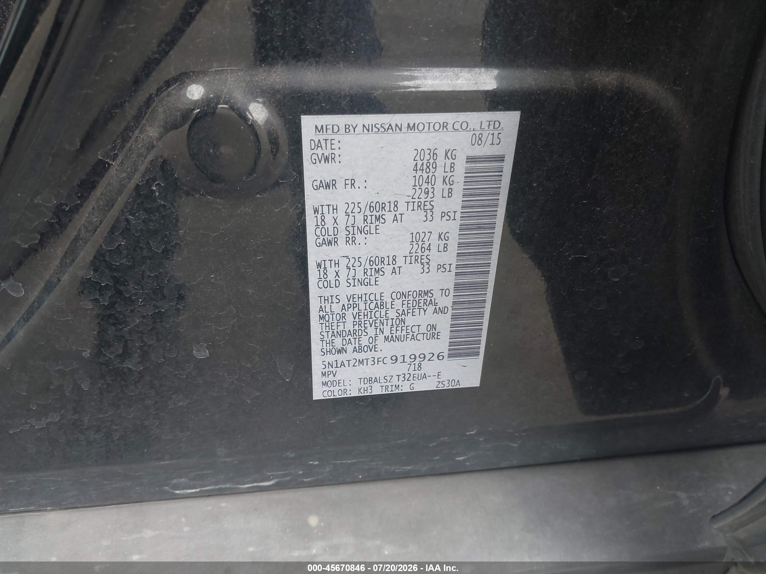 2015 Nissan Rogue Sl Black vin: 5N1AT2MT3FC919926