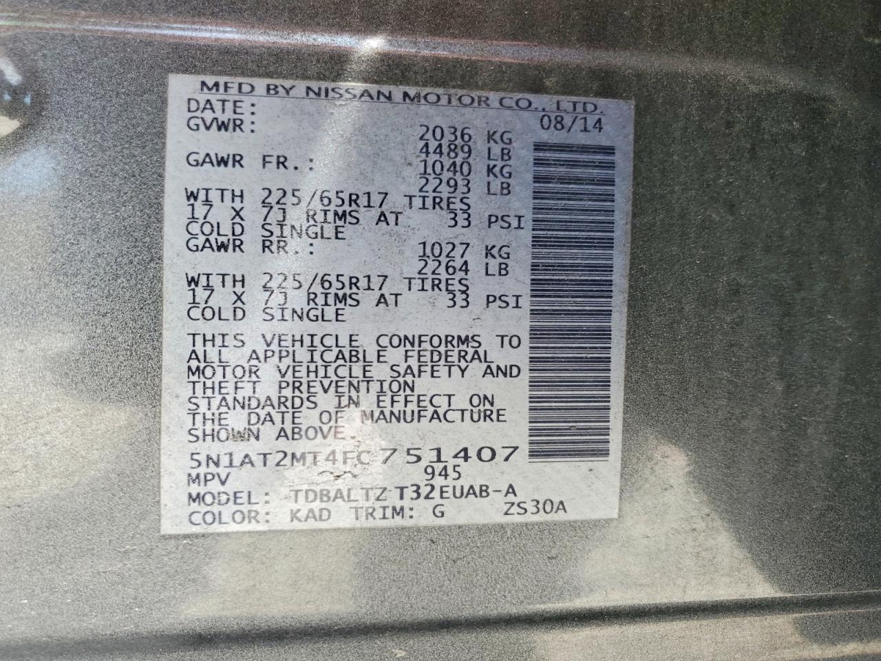 2015 Nissan Rogue Sv Silver vin: 5N1AT2MT4FC751407