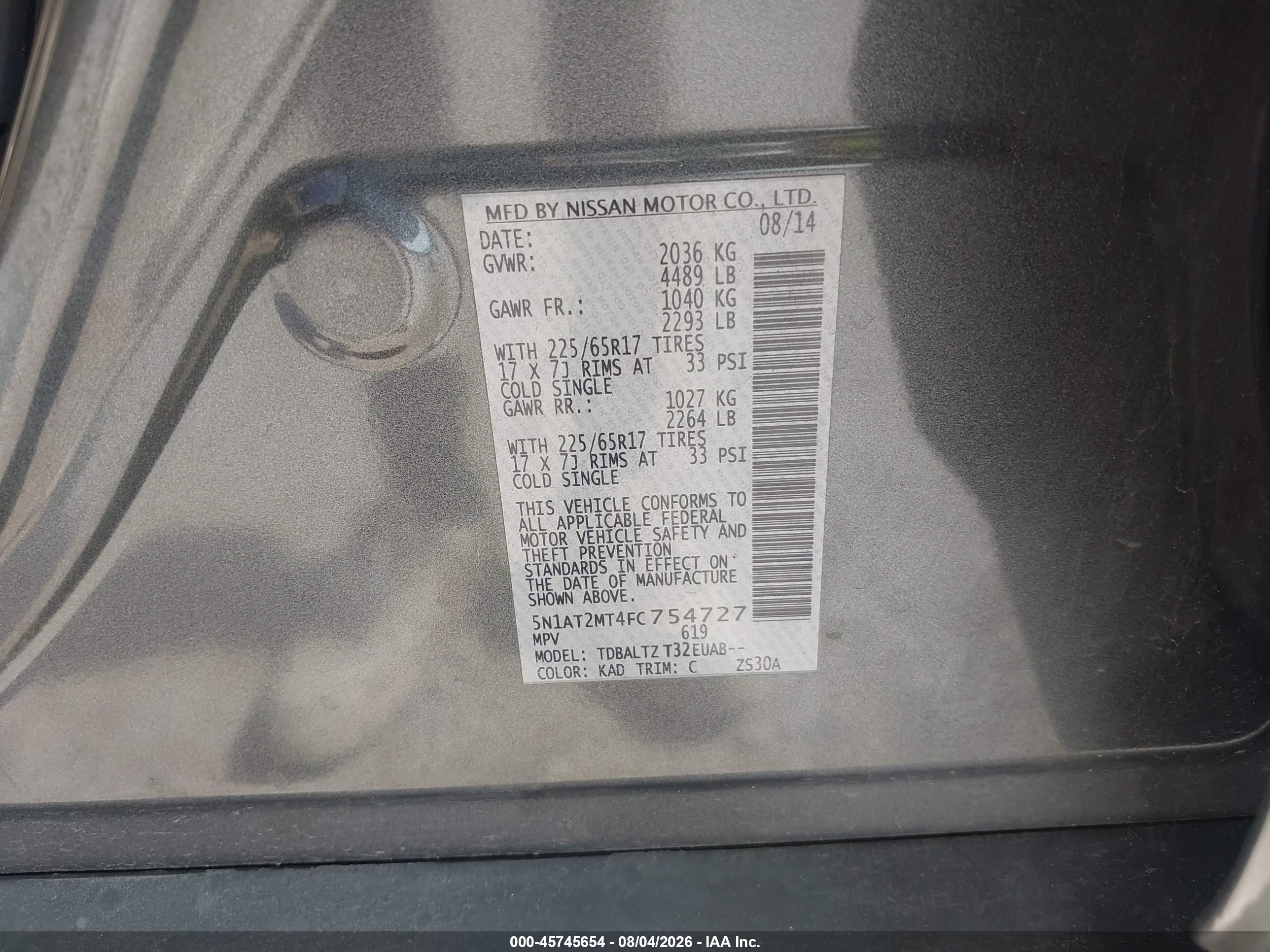 2015 Nissan Rogue Sv Gray vin: 5N1AT2MT4FC754727