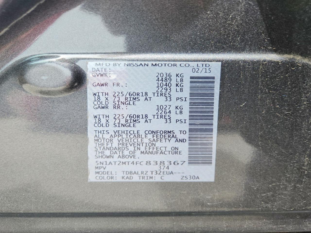 2015 Nissan Rogue Sl Gray vin: 5N1AT2MT4FC838367