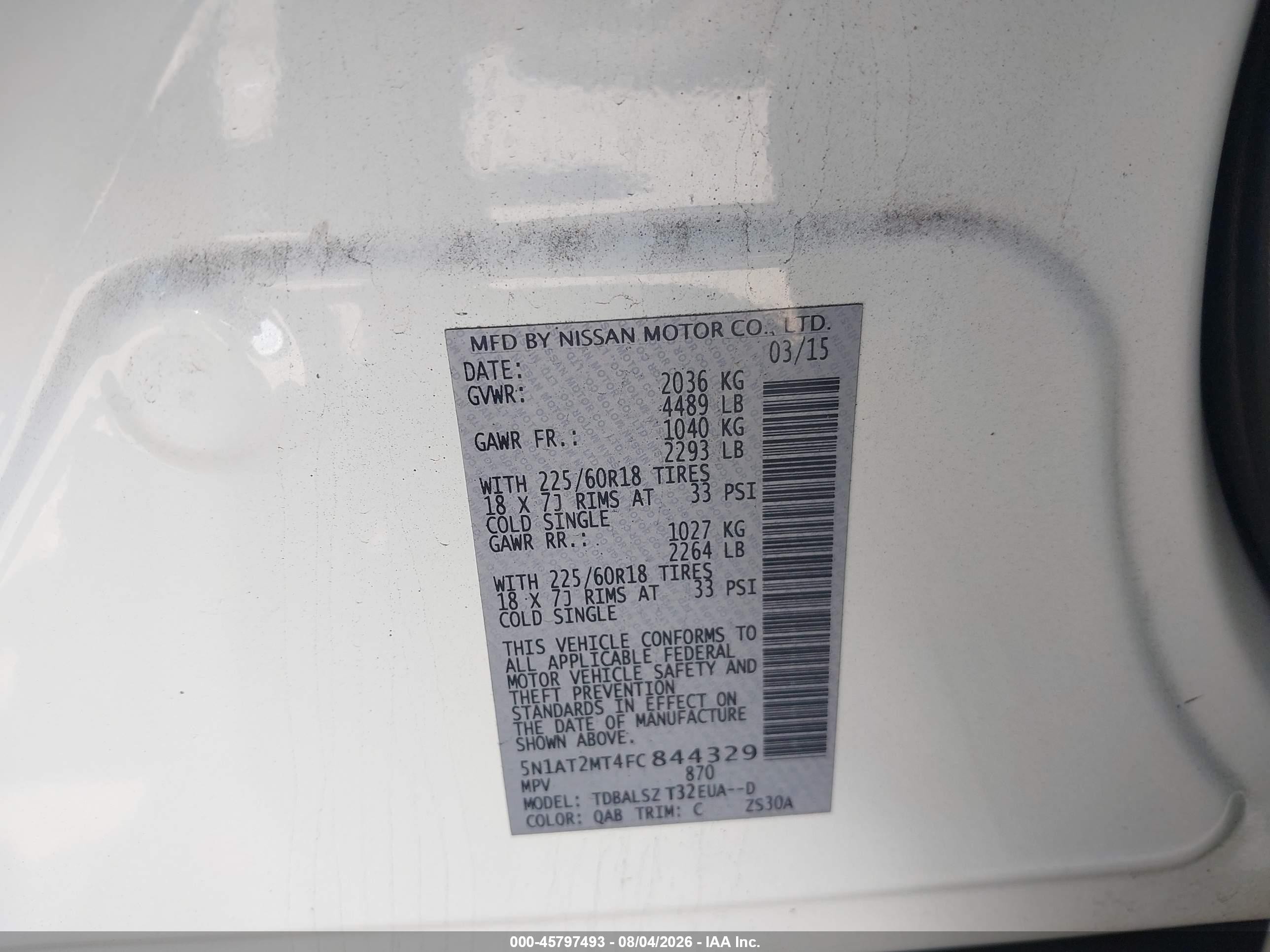 2015 Nissan Rogue Sl White vin: 5N1AT2MT4FC844329