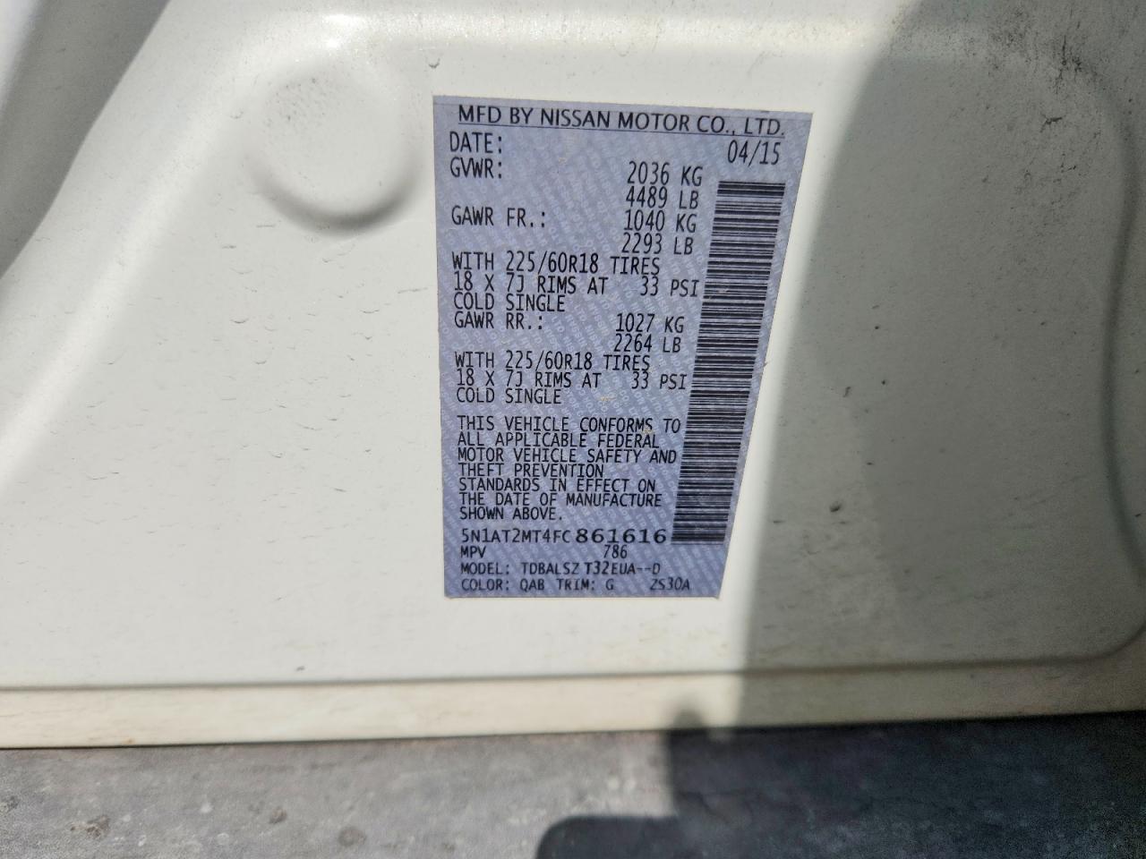 2015 Nissan Rogue Sl White vin: 5N1AT2MT4FC861616