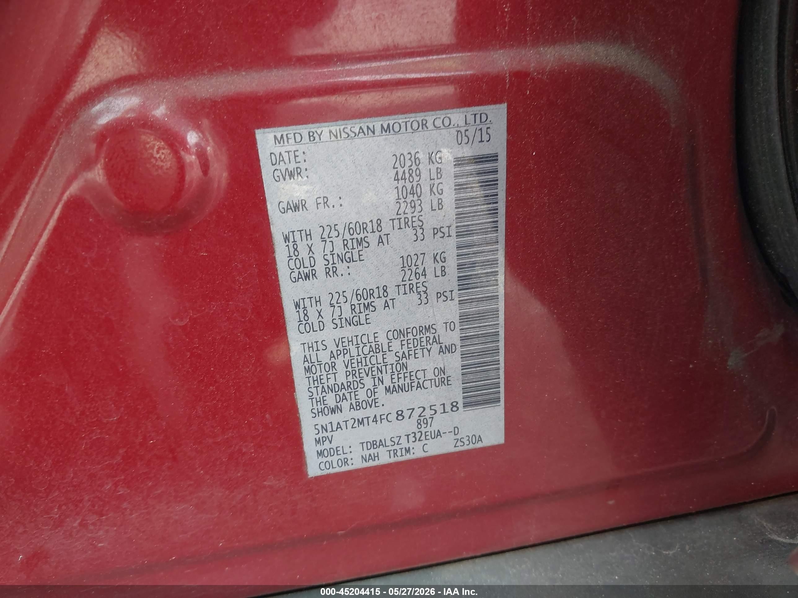 2015 Nissan Rogue Sl Red vin: 5N1AT2MT4FC872518