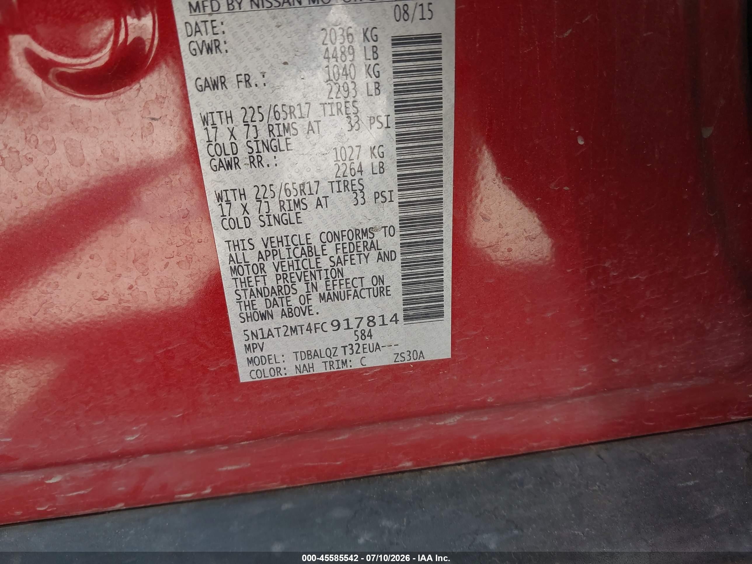 2015 Nissan Rogue Sv Red vin: 5N1AT2MT4FC917814