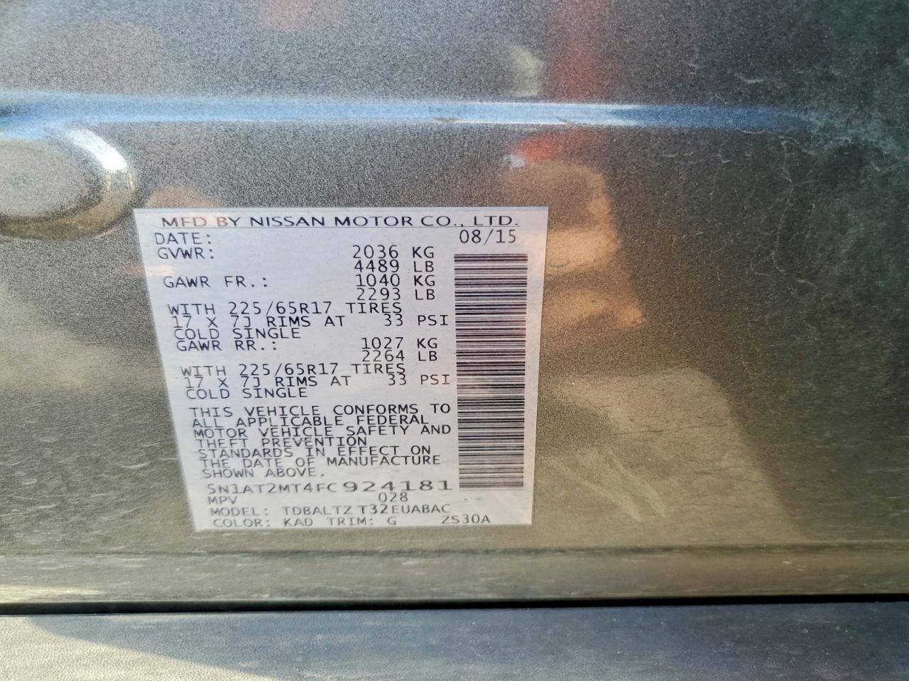 2015 Nissan Rogue Sv Gray vin: 5N1AT2MT4FC924181