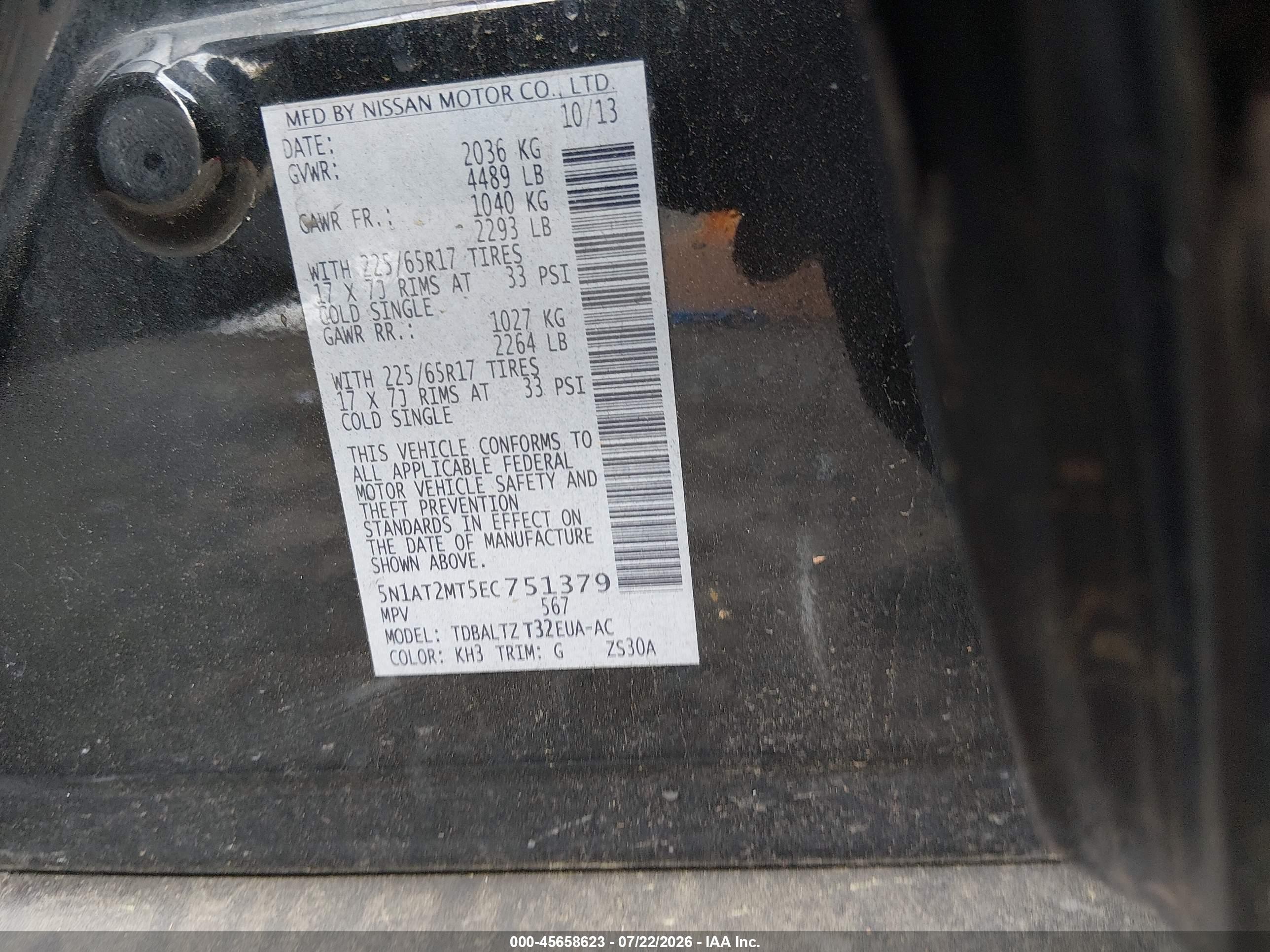 2014 Nissan Rogue Sv Black vin: 5N1AT2MT5EC751379