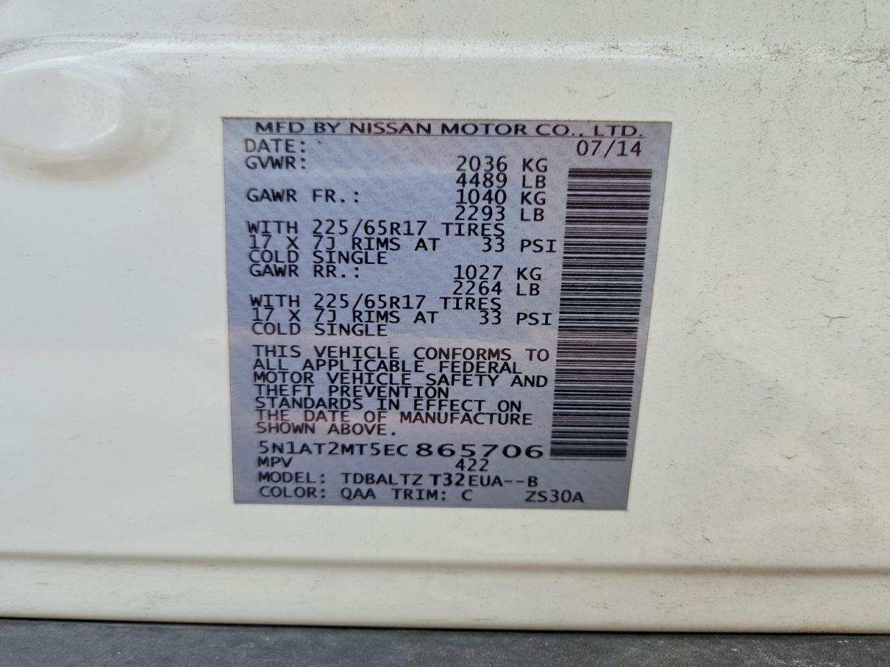 2014 Nissan Rogue Sv White vin: 5N1AT2MT5EC865706