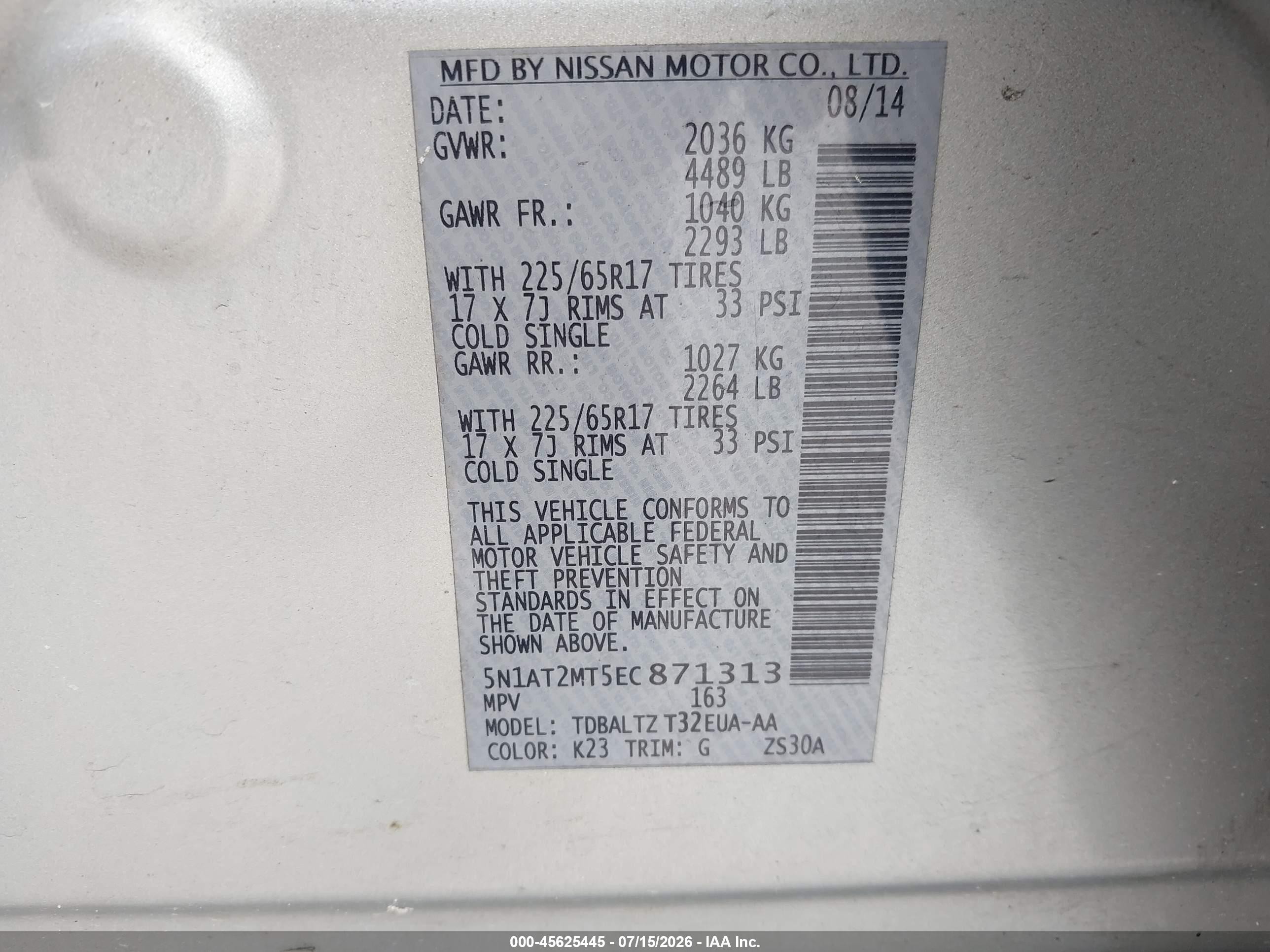2014 Nissan Rogue Sv Silver vin: 5N1AT2MT5EC871313