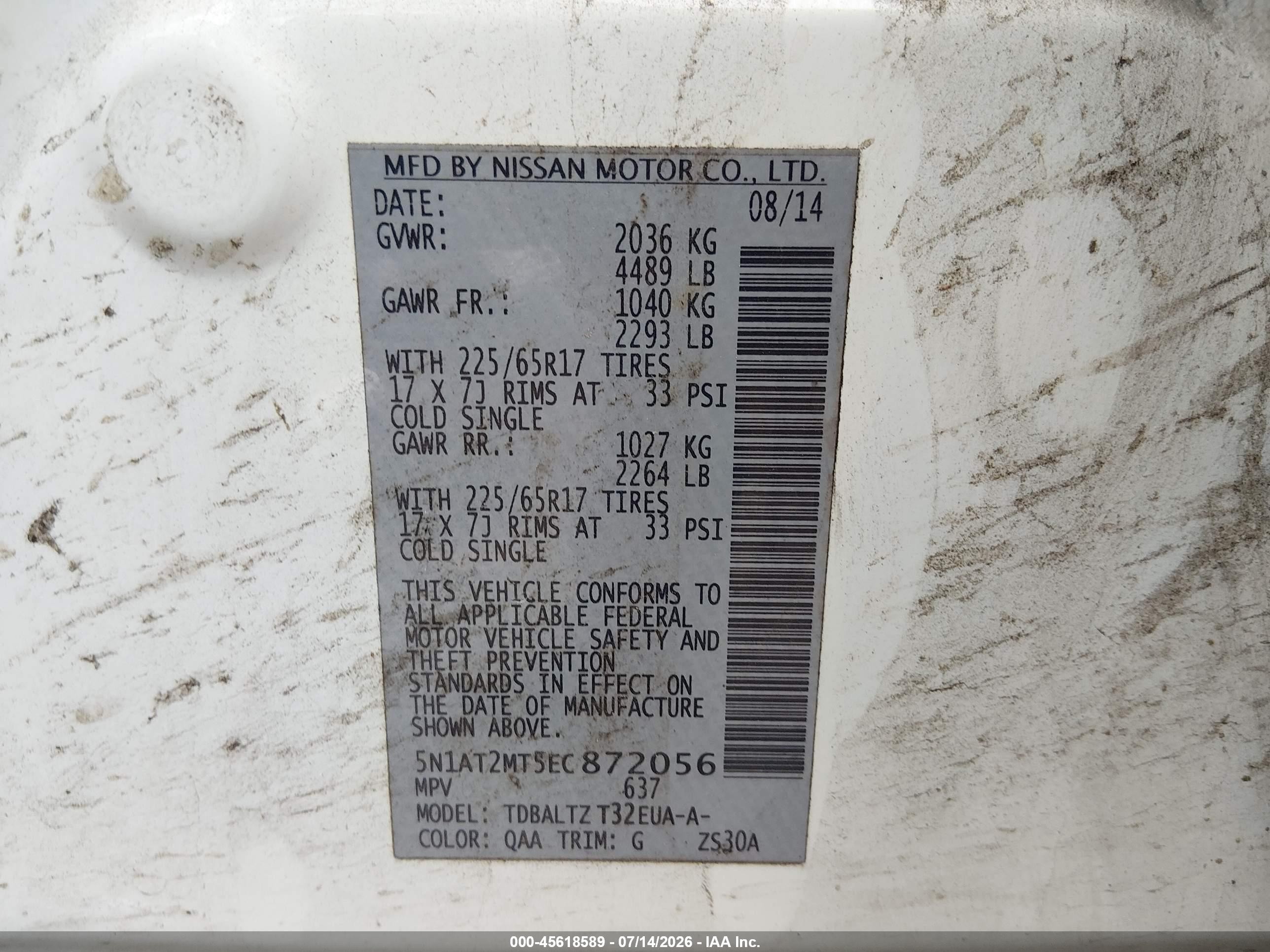 2014 Nissan Rogue Sv White vin: 5N1AT2MT5EC872056