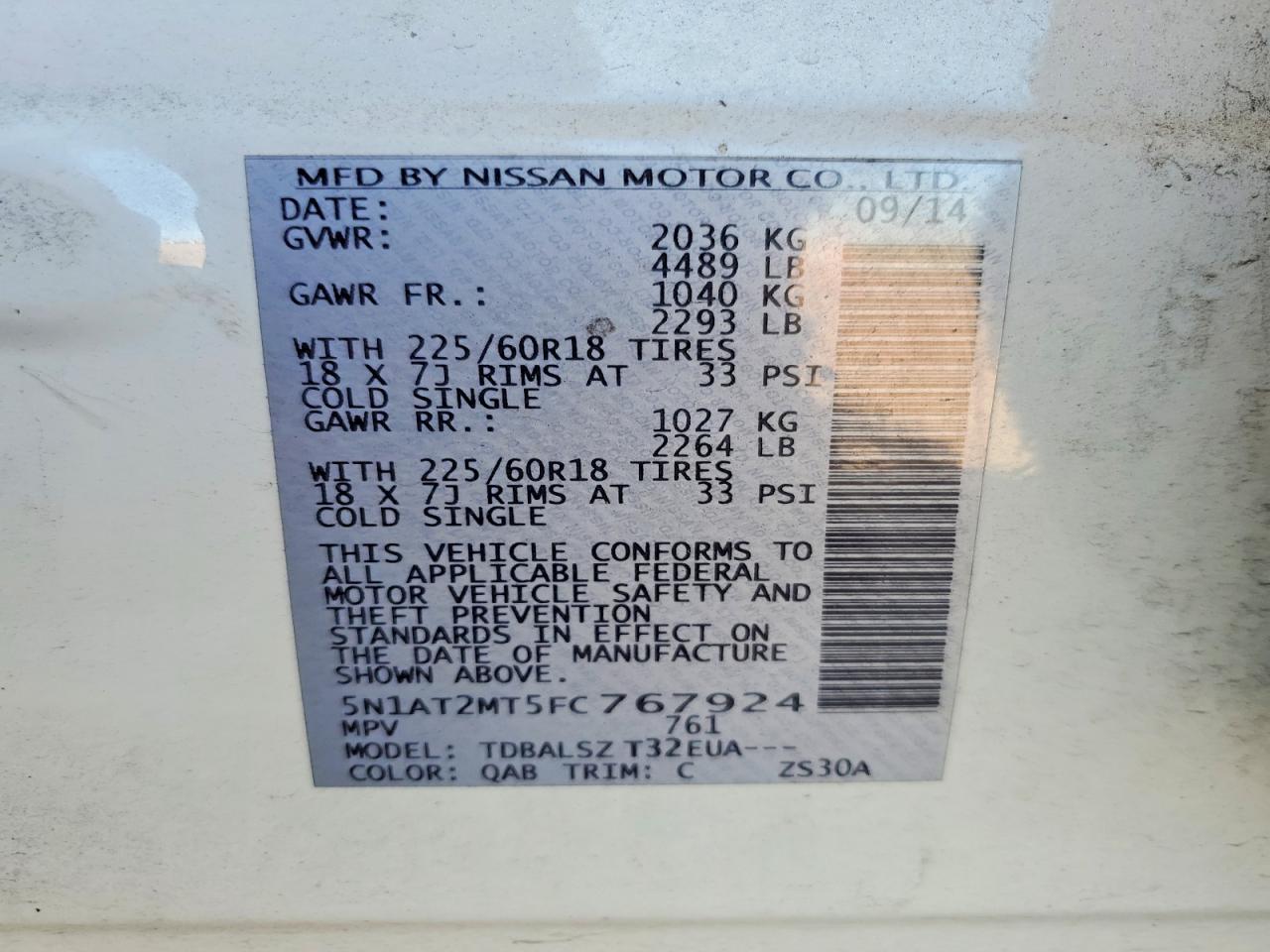 2015 Nissan Rogue Sl White vin: 5N1AT2MT5FC767924