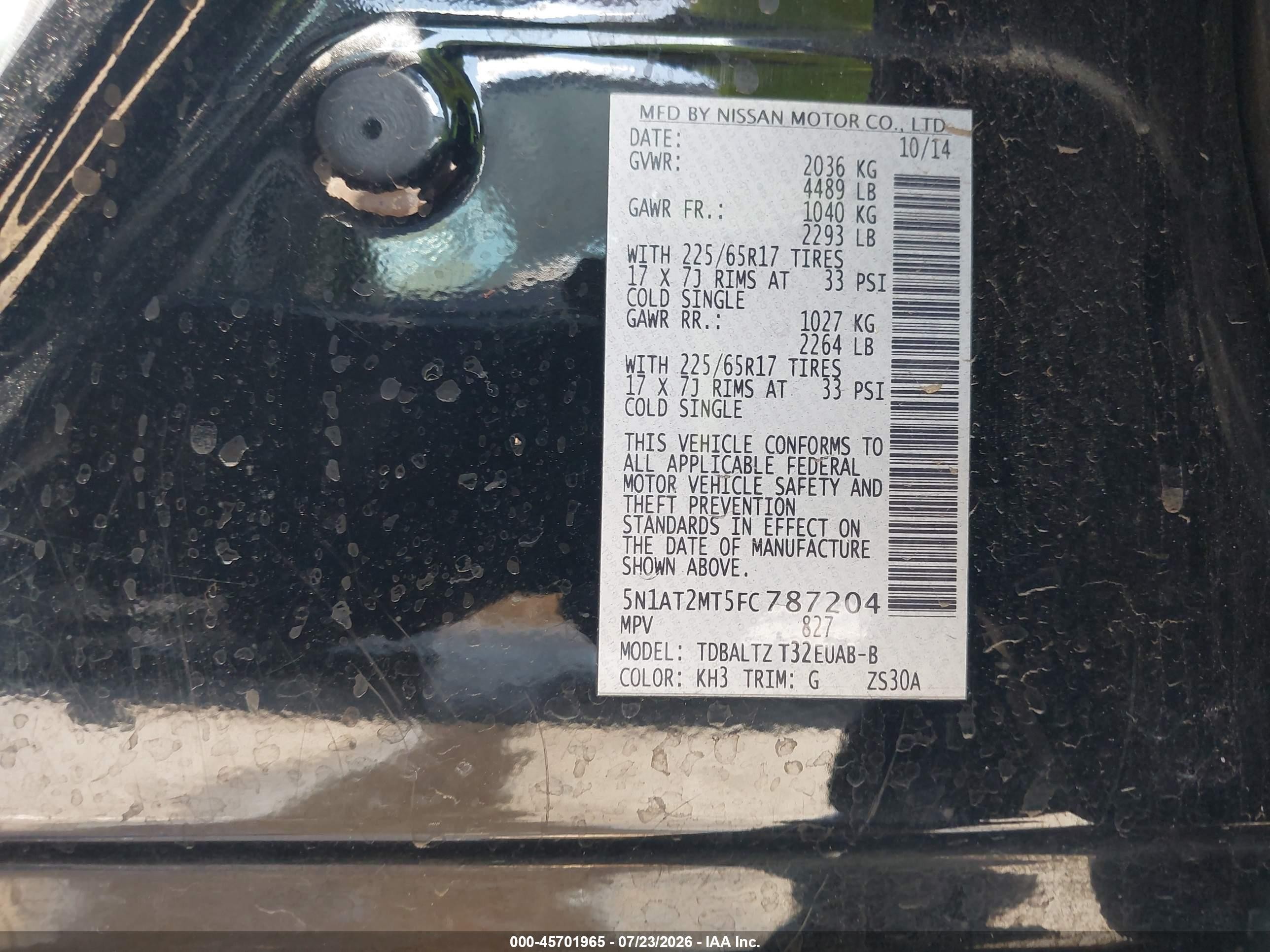 2015 Nissan Rogue Sv Black vin: 5N1AT2MT5FC787204