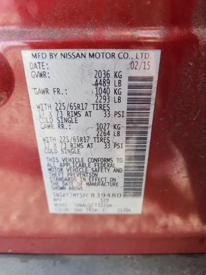 2015 Nissan Rogue Sv Red vin: 5N1AT2MT5FC839480