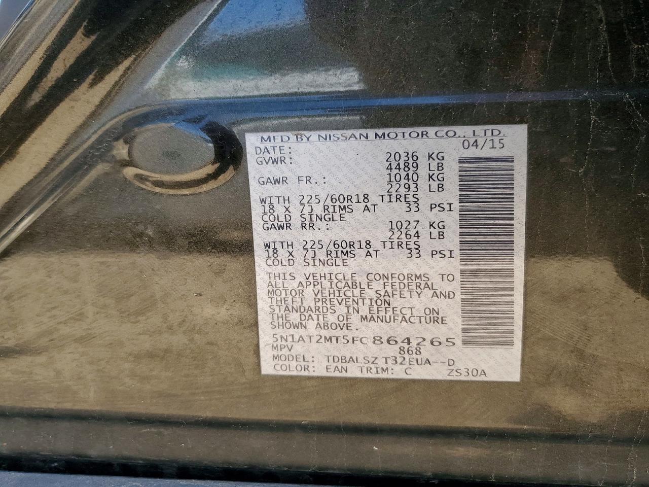 2015 Nissan Rogue Sl Green vin: 5N1AT2MT5FC864265