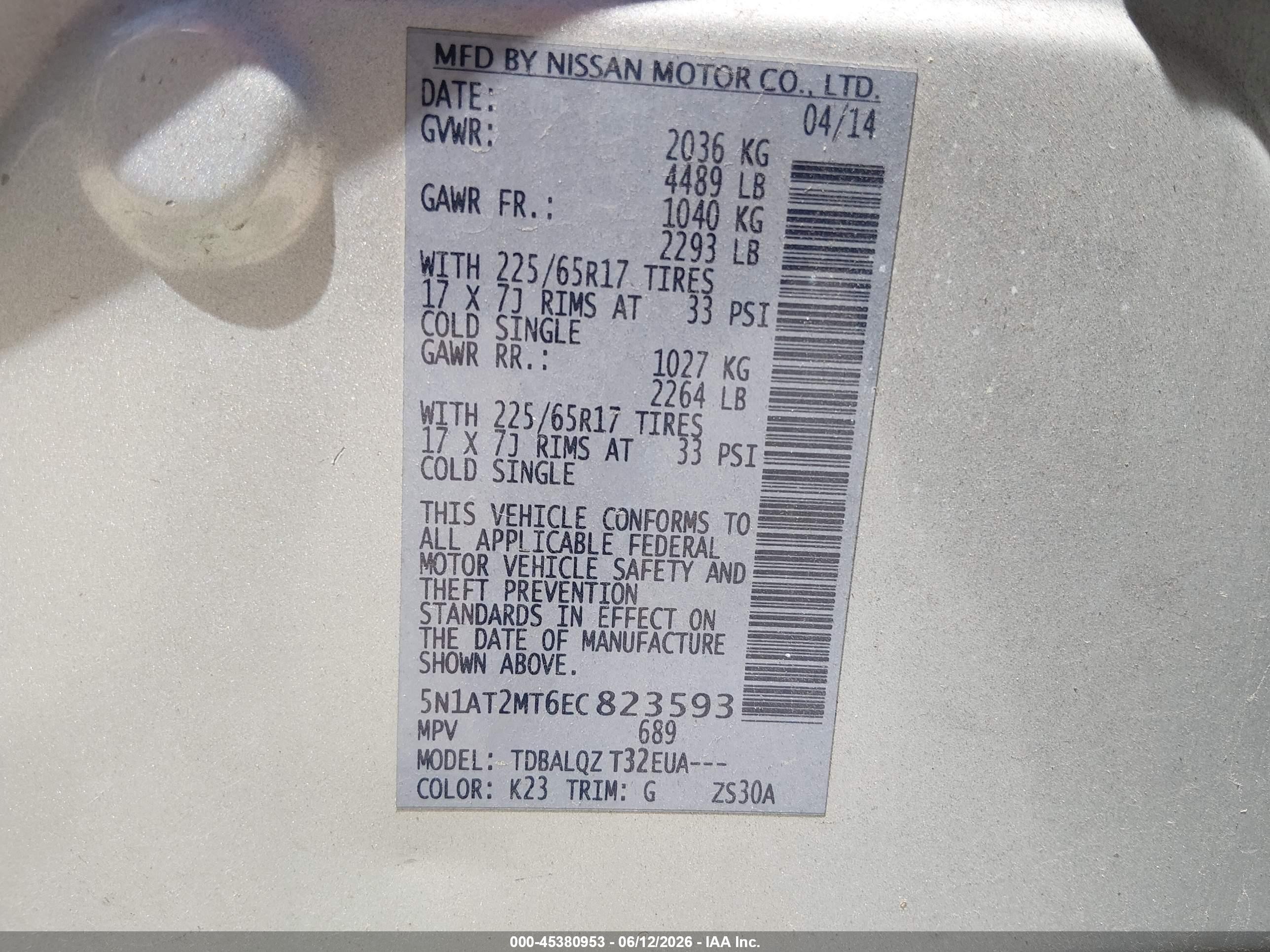 2014 Nissan Rogue Sv Gray vin: 5N1AT2MT6EC823593