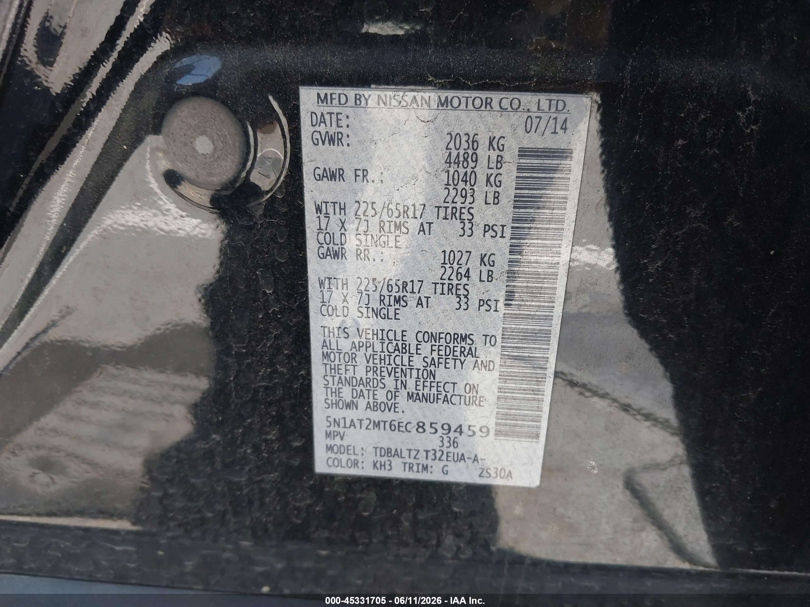 2014 Nissan Rogue S/sl/sv Black vin: 5N1AT2MT6EC859459