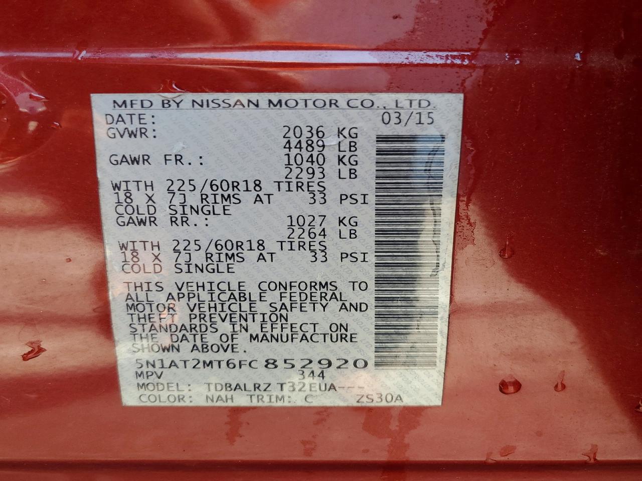 2015 Nissan Rogue Sl Red vin: 5N1AT2MT6FC852920