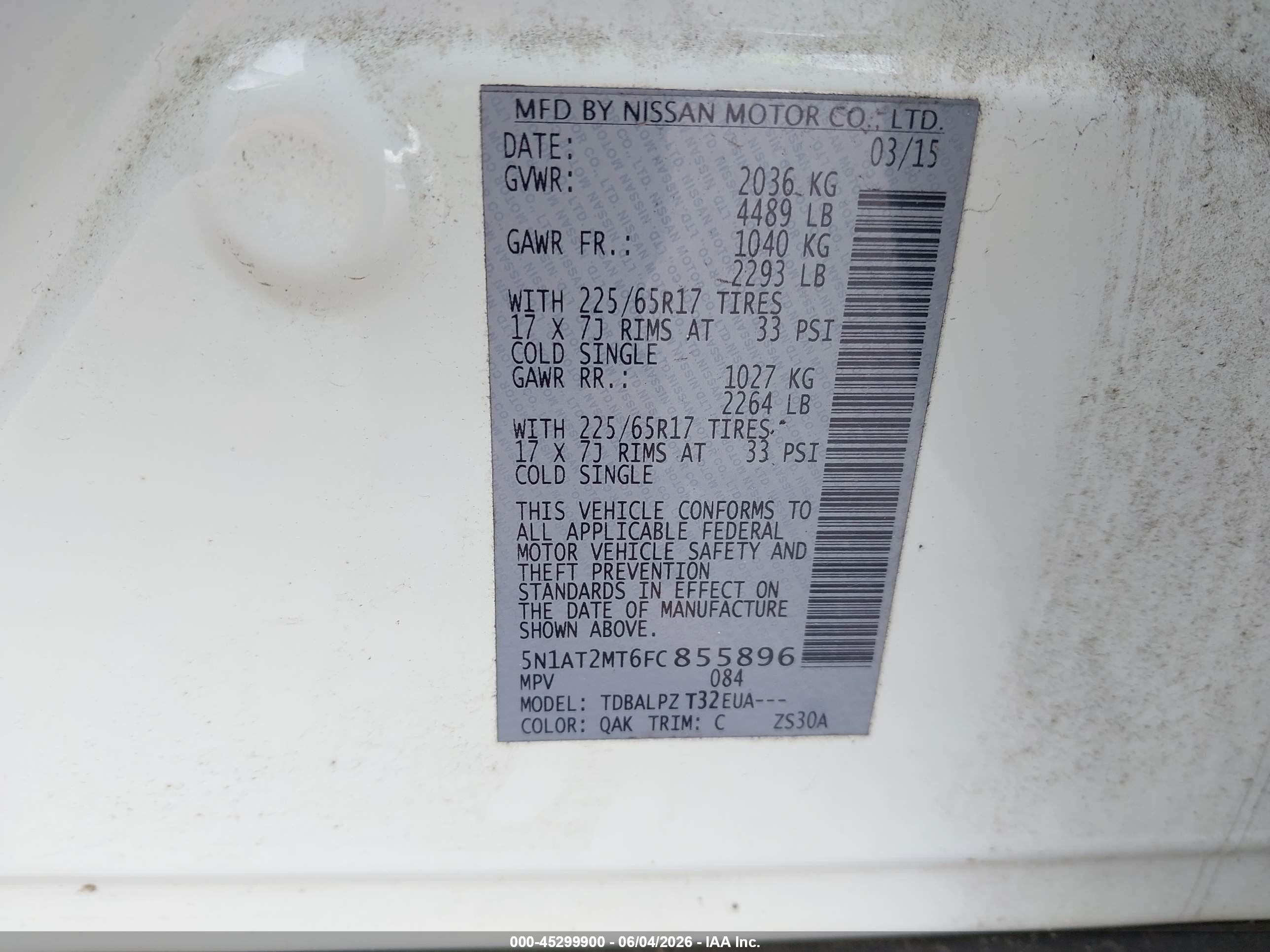 2015 Nissan Rogue S White vin: 5N1AT2MT6FC855896