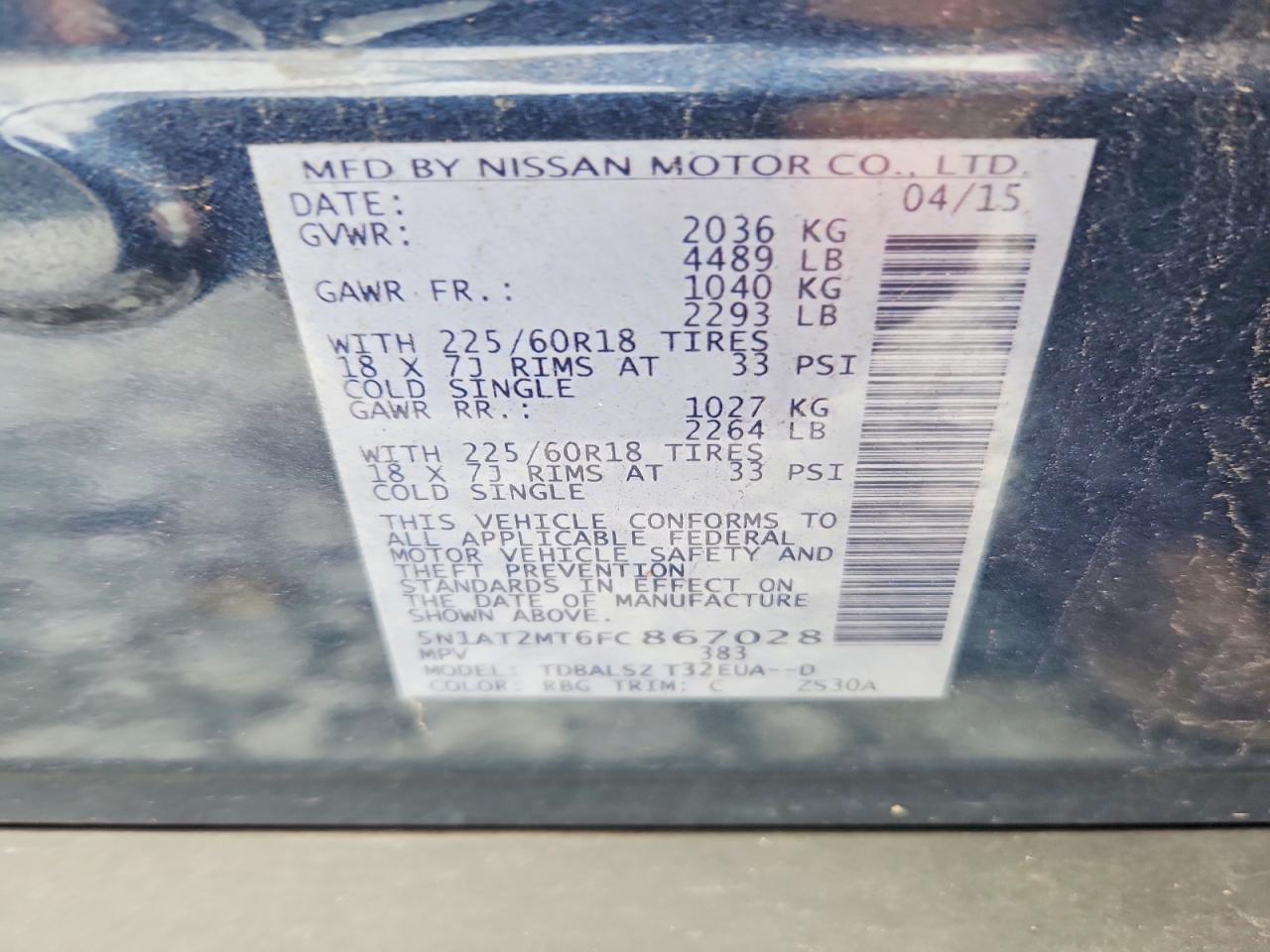 2015 Nissan Rogue Sl Blue vin: 5N1AT2MT6FC867028