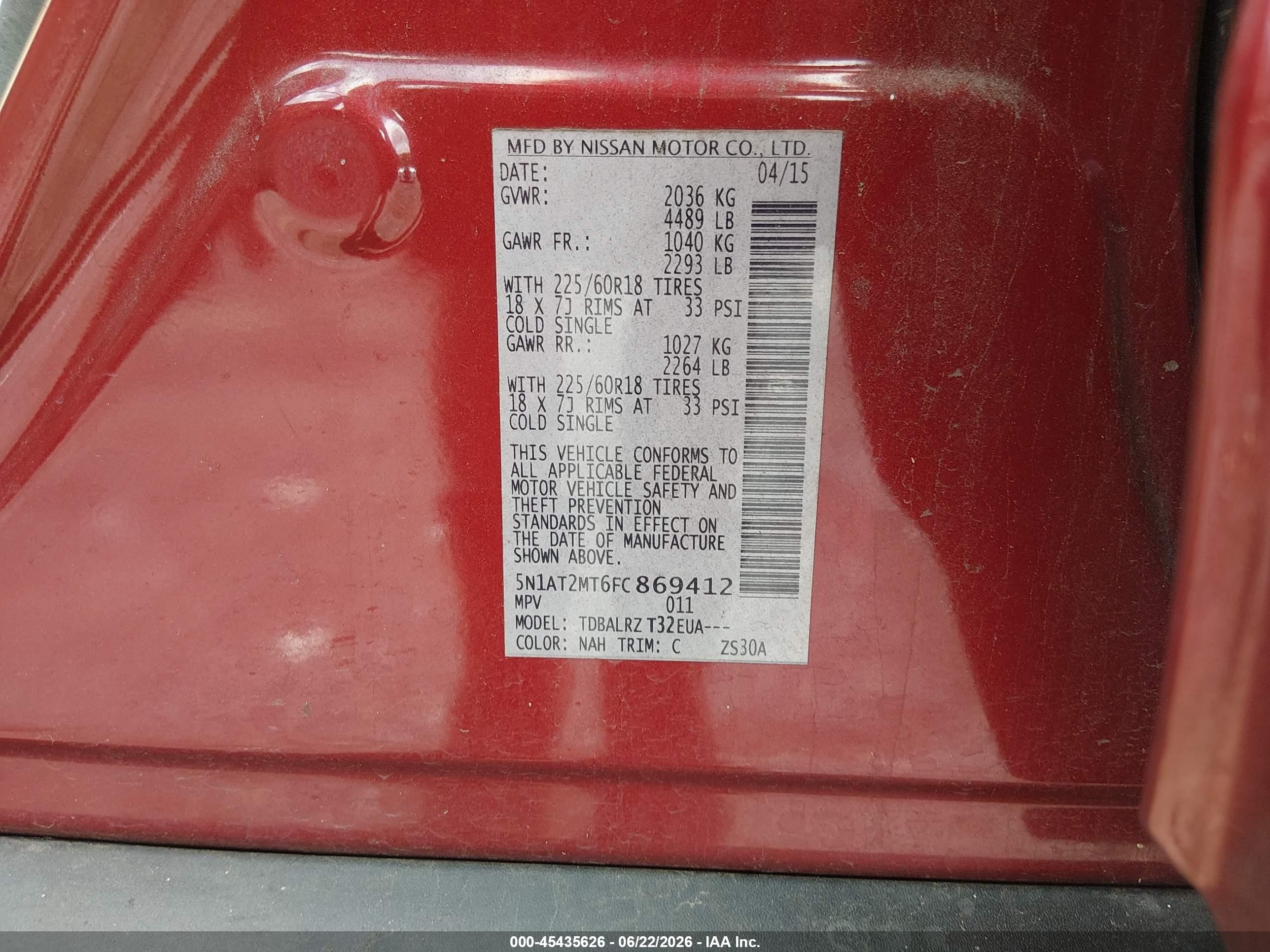 2015 Nissan Rogue Sl Red vin: 5N1AT2MT6FC869412