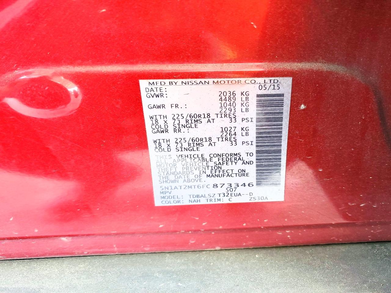 2015 Nissan Rogue Sl Red vin: 5N1AT2MT6FC873346