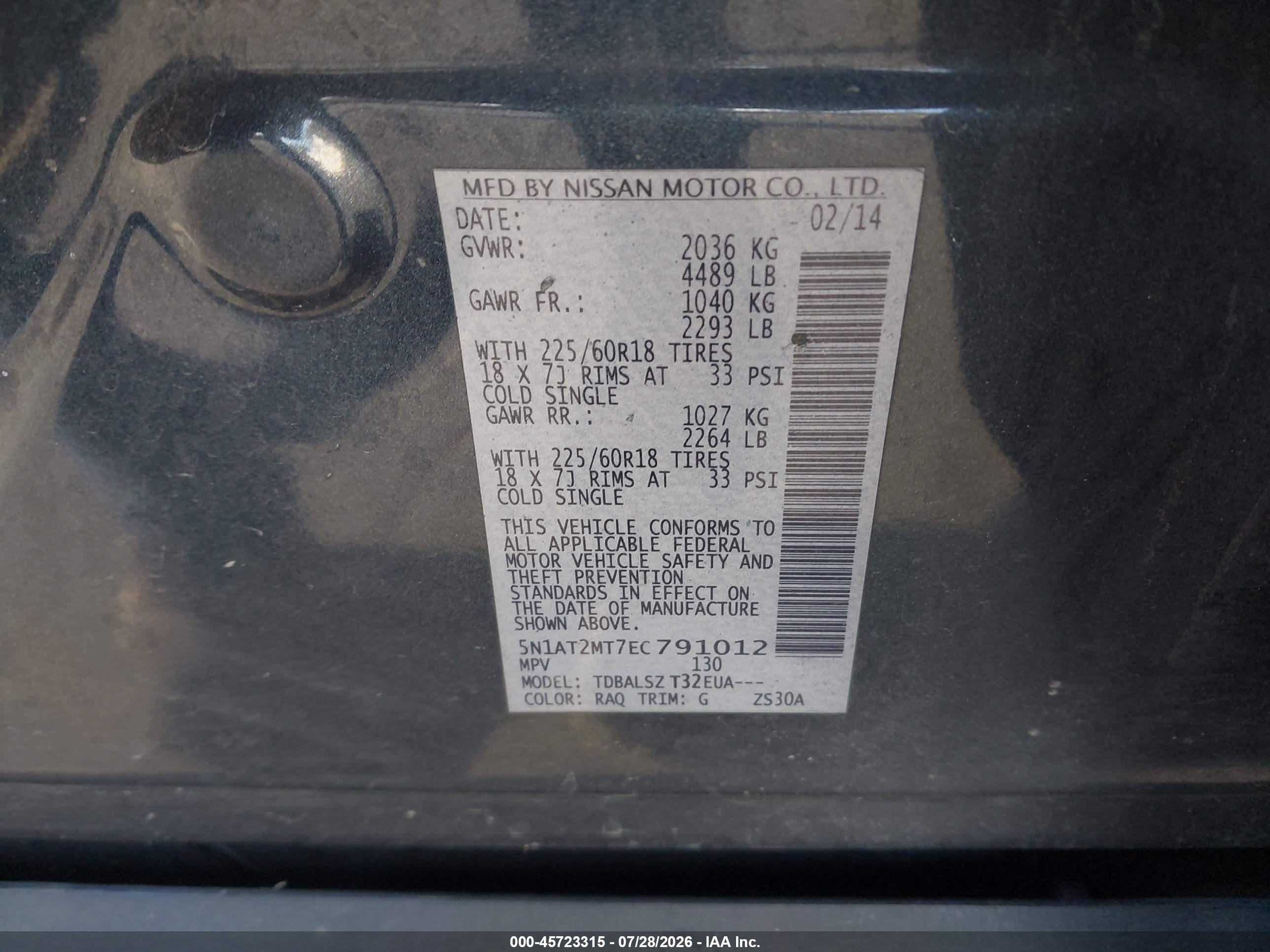 2014 Nissan Rogue Sl Green vin: 5N1AT2MT7EC791012
